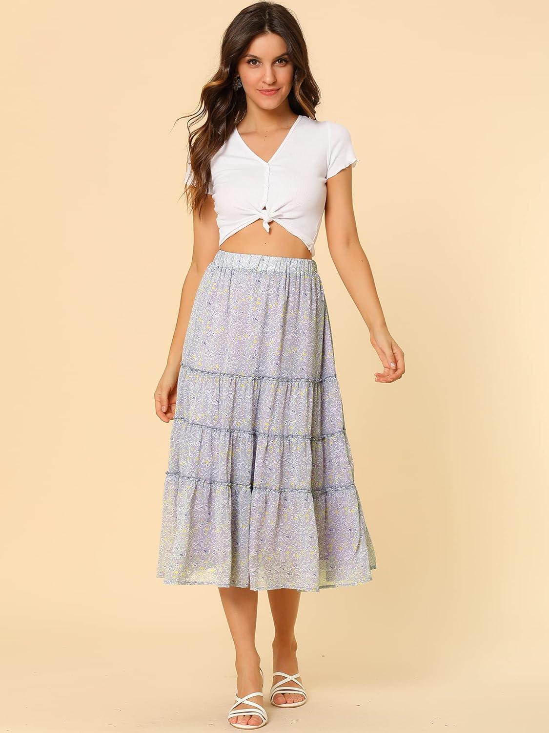 imageAllegra K Womens Floral Skirt Chiffon Aline Long Tiered Ruffle Boho Summer Midi SkirtsPurple
