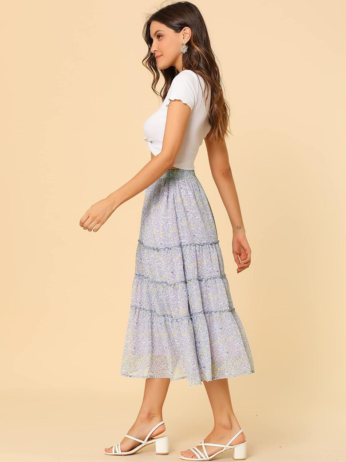 imageAllegra K Womens Floral Skirt Chiffon Aline Long Tiered Ruffle Boho Summer Midi SkirtsPurple