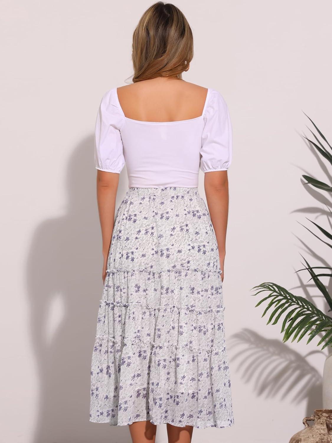 imageAllegra K Womens Floral Skirt Chiffon Aline Long Tiered Ruffle Boho Summer Midi SkirtsWhite Purple