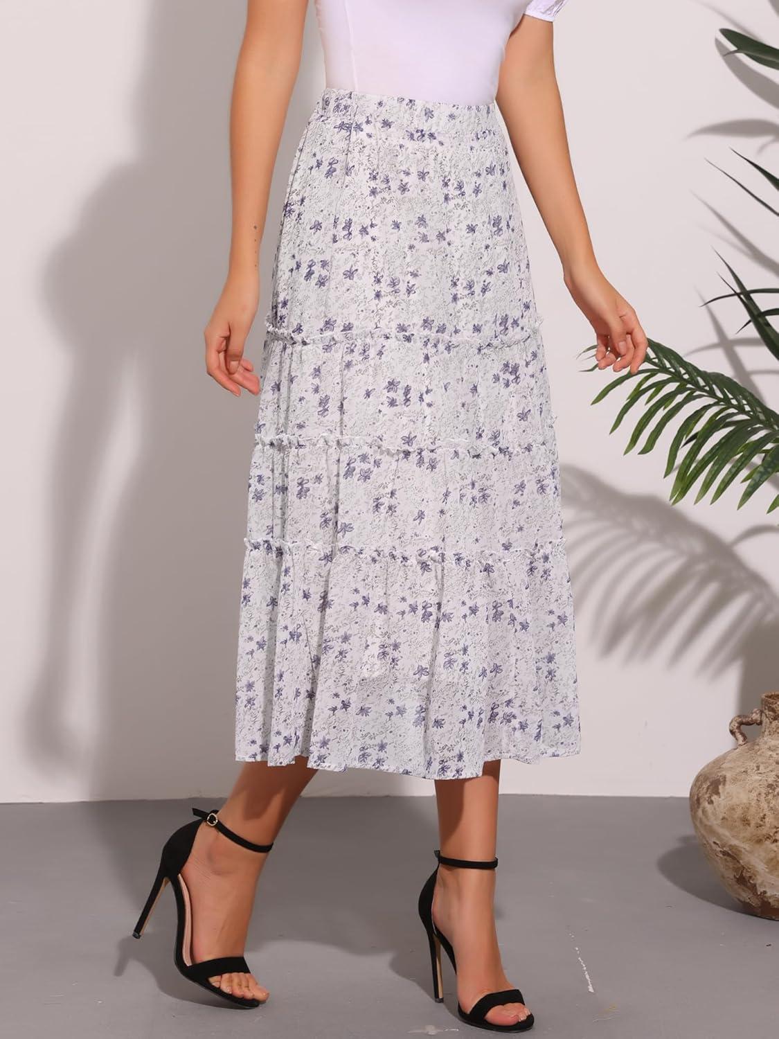 imageAllegra K Womens Floral Skirt Chiffon Aline Long Tiered Ruffle Boho Summer Midi SkirtsWhite Purple