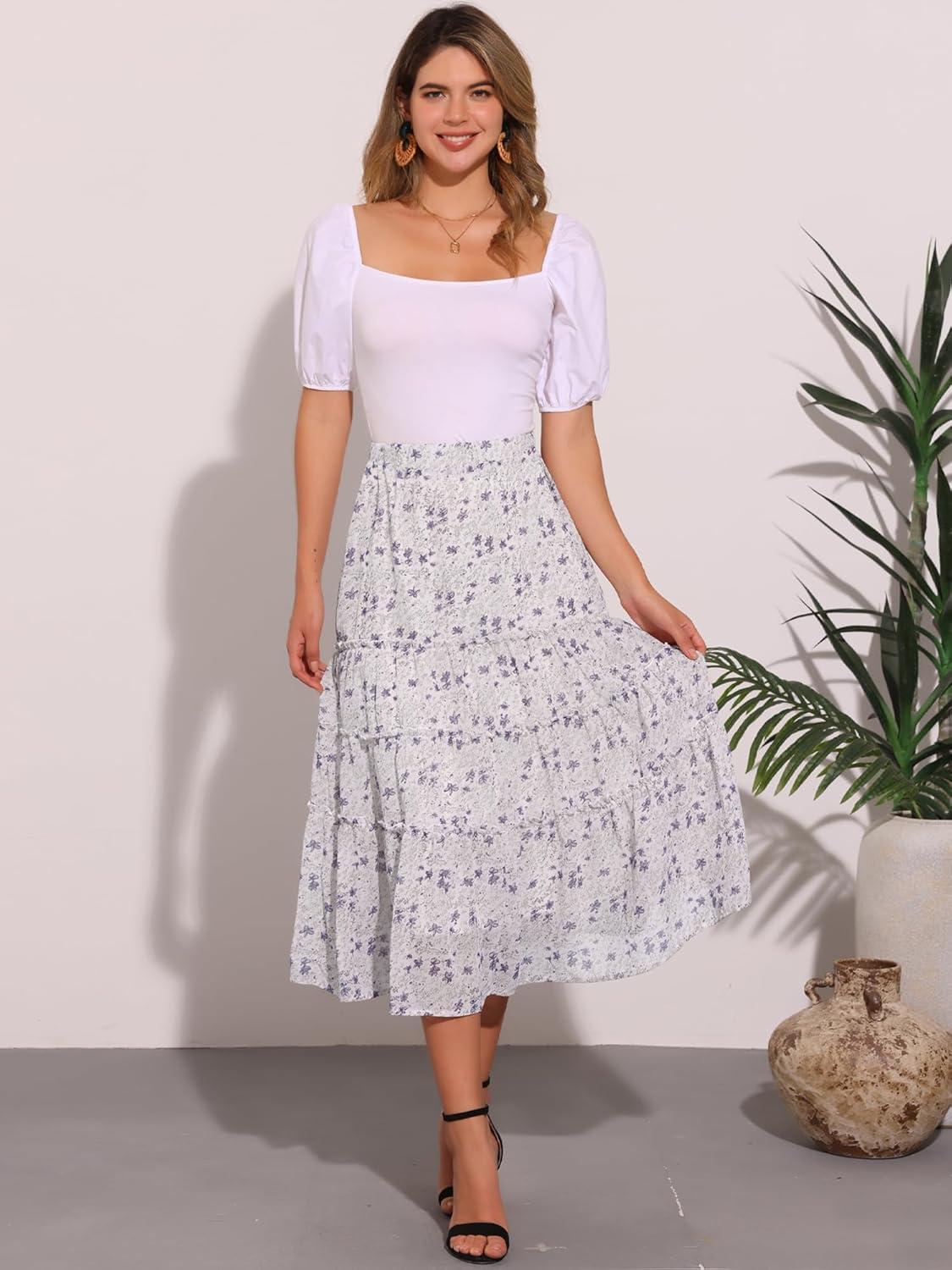 imageAllegra K Womens Floral Skirt Chiffon Aline Long Tiered Ruffle Boho Summer Midi SkirtsWhite Purple
