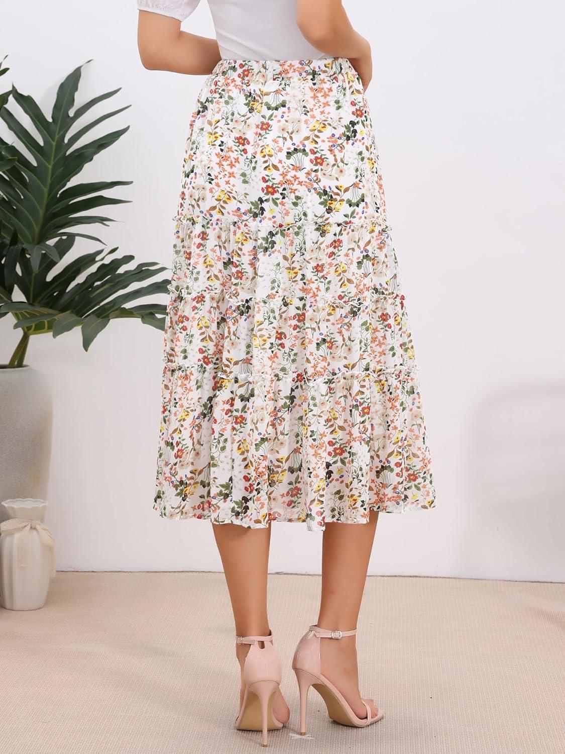 imageAllegra K Womens Floral Skirt Chiffon Aline Long Tiered Ruffle Boho Summer Midi SkirtsWhite Yellowfloral