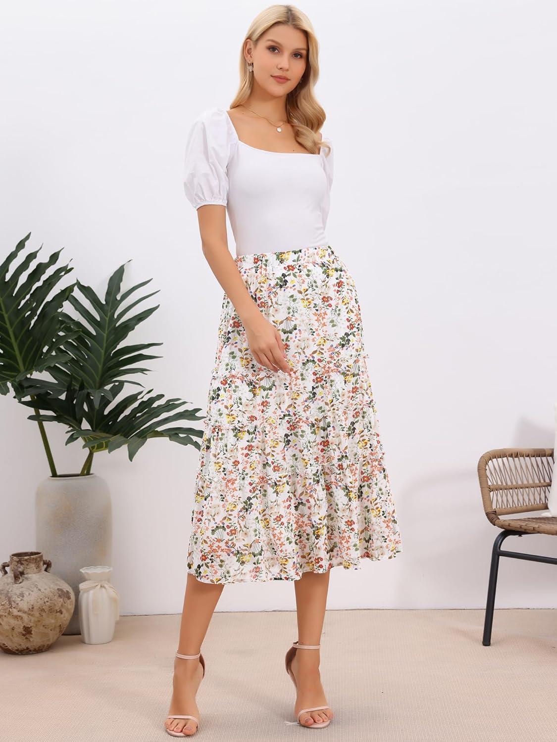 imageAllegra K Womens Floral Skirt Chiffon Aline Long Tiered Ruffle Boho Summer Midi SkirtsWhite Yellowfloral