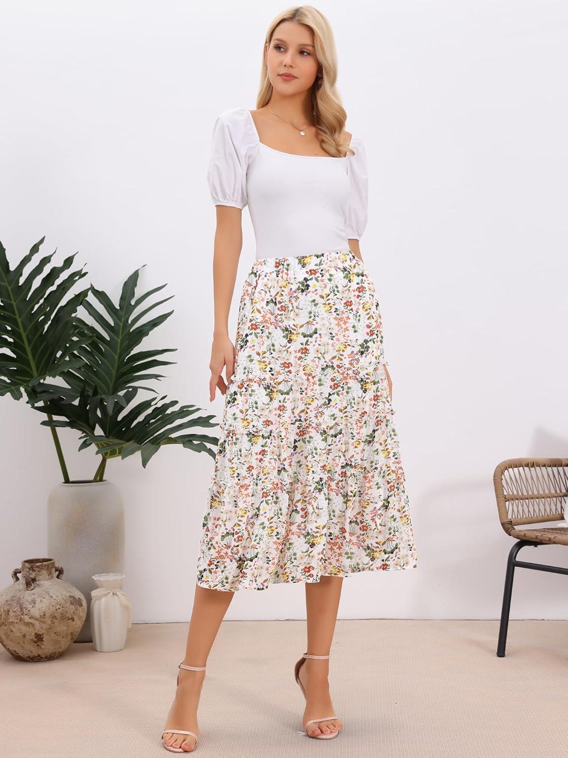 imageAllegra K Womens Floral Skirt Chiffon Aline Long Tiered Ruffle Boho Summer Midi SkirtsWhite Yellowfloral