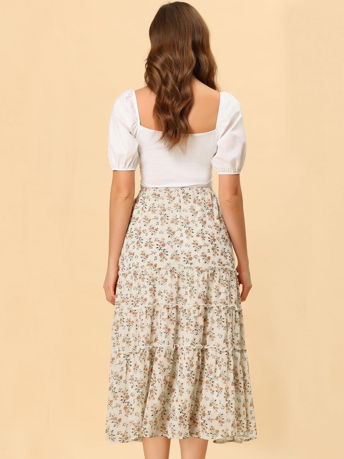 imageAllegra K Womens Floral Skirt Chiffon Aline Long Tiered Ruffle Boho Summer Midi SkirtsWhite a