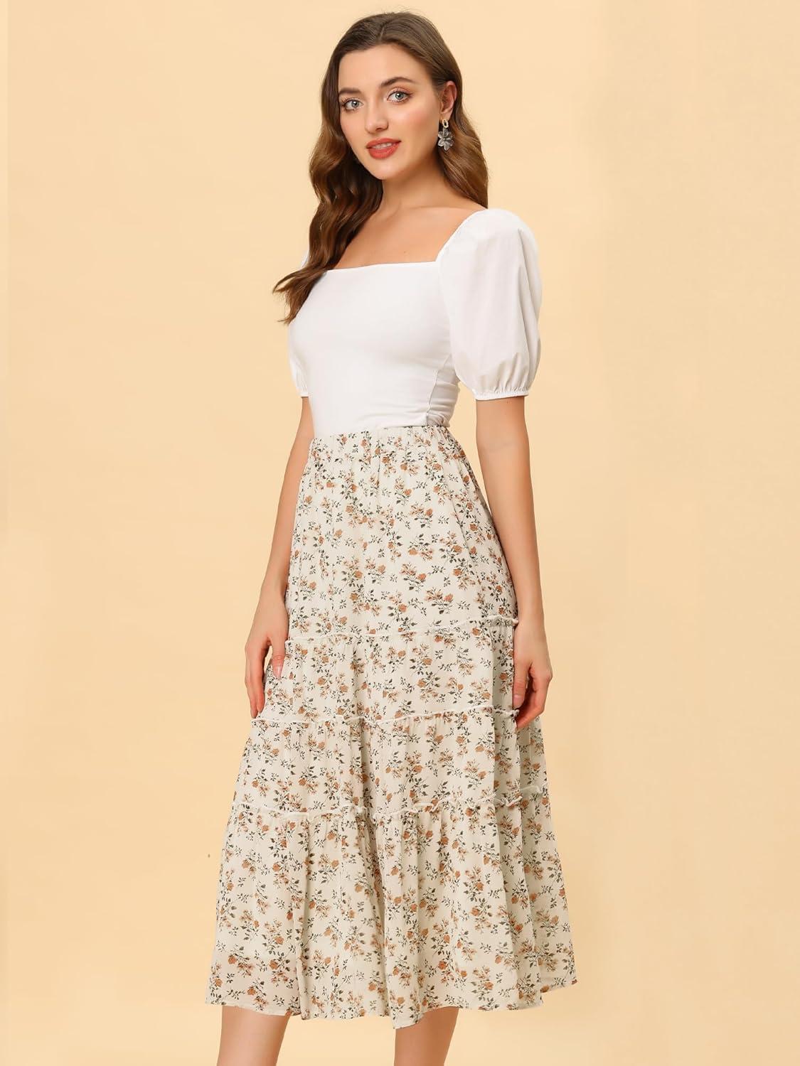 imageAllegra K Womens Floral Skirt Chiffon Aline Long Tiered Ruffle Boho Summer Midi SkirtsWhite a