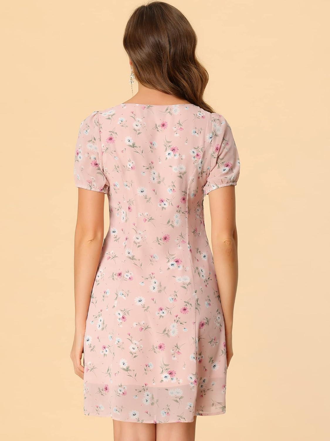imageAllegra K Womens Floral Square Neck Short Sleeve Drawstring Ruched DressPink