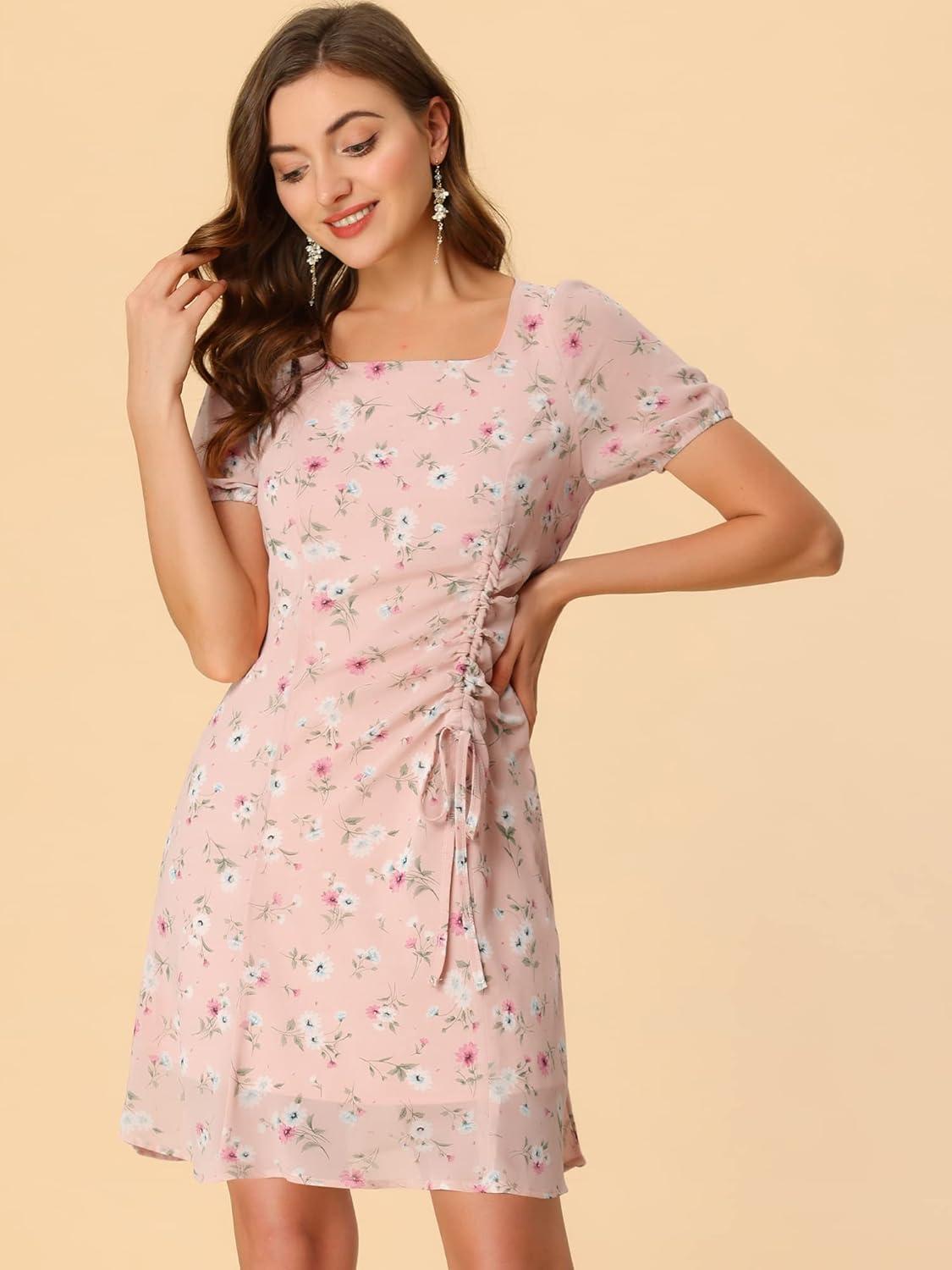 imageAllegra K Womens Floral Square Neck Short Sleeve Drawstring Ruched DressPink
