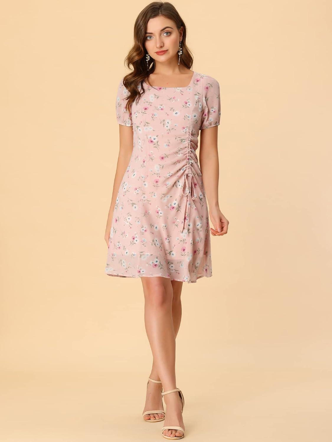 imageAllegra K Womens Floral Square Neck Short Sleeve Drawstring Ruched DressPink