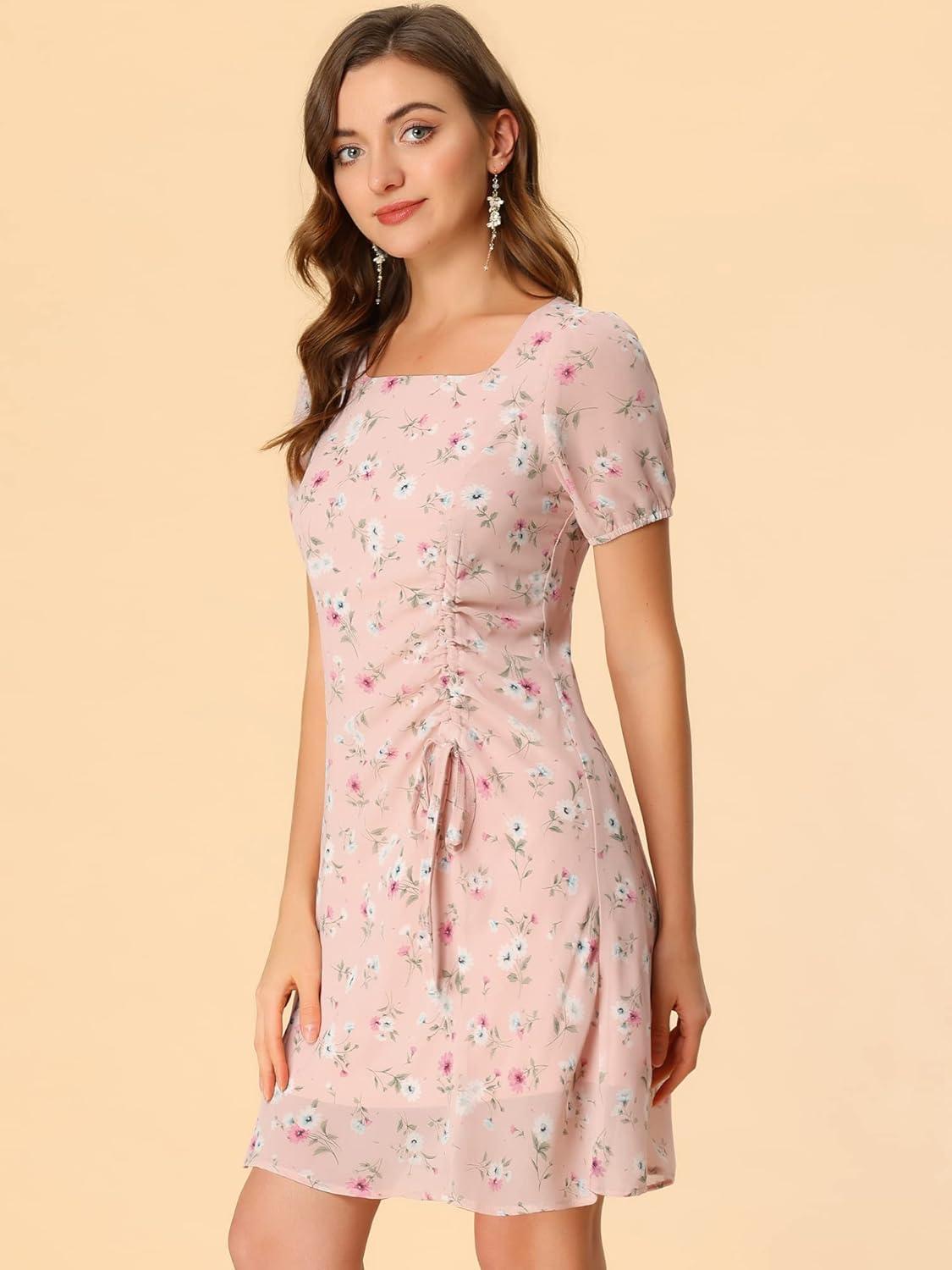 imageAllegra K Womens Floral Square Neck Short Sleeve Drawstring Ruched DressPink