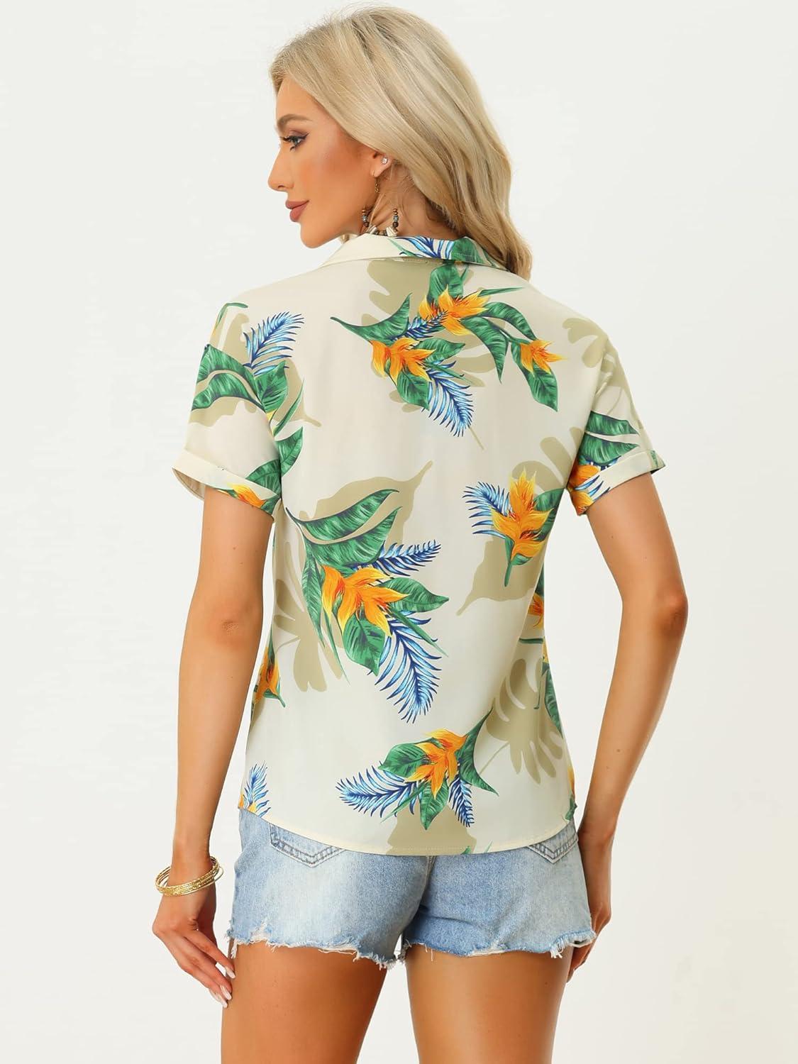 imageAllegra K Womens Hawaiian Shirts Floral Top Printed Short Sleeve Button Down Shirt Summer Tropical TopsBeige