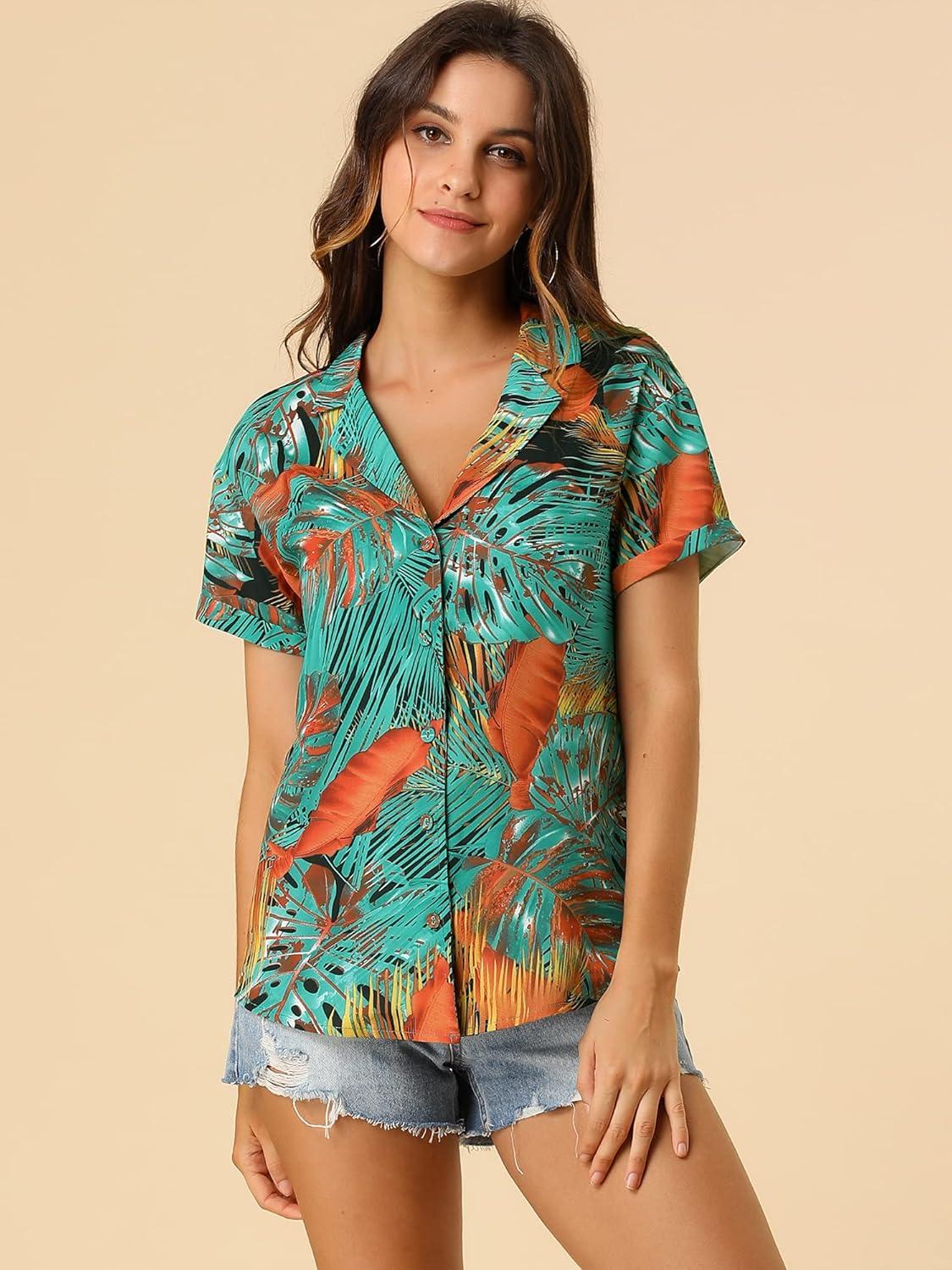 imageAllegra K Womens Hawaiian Shirts Floral Top Printed Short Sleeve Button Down Shirt Summer Tropical TopsBlack