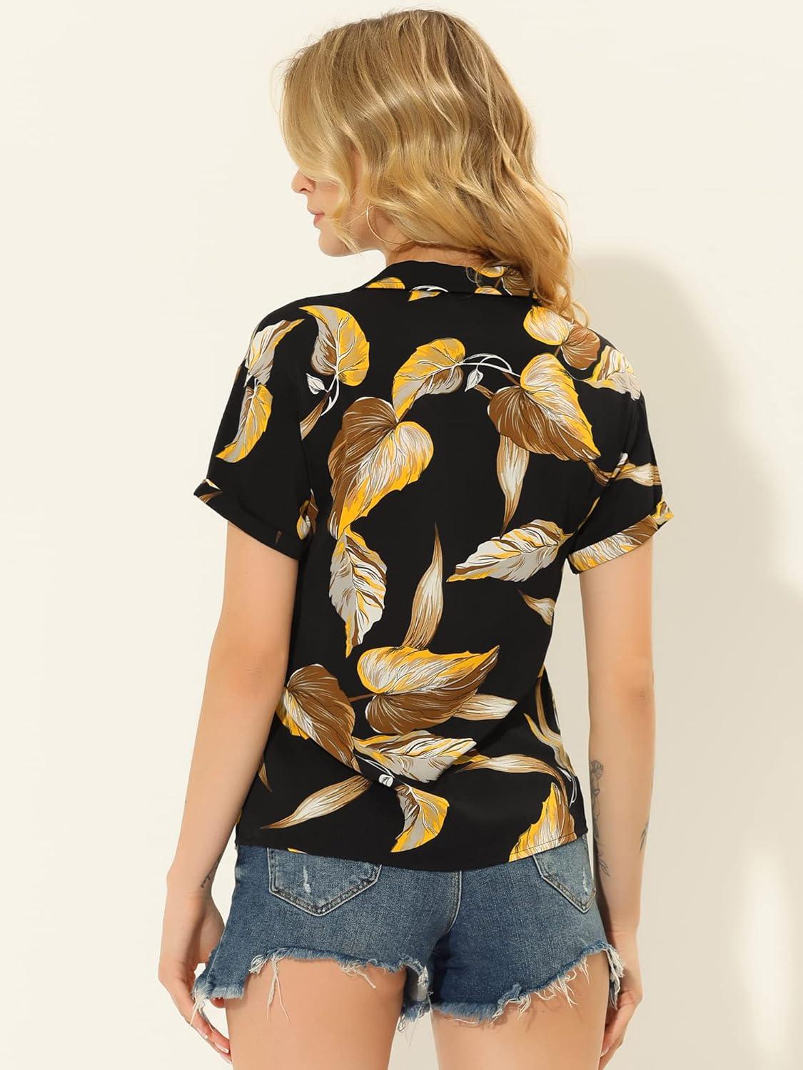 imageAllegra K Womens Hawaiian Shirts Floral Top Printed Short Sleeve Button Down Shirt Summer Tropical TopsBlack Brown