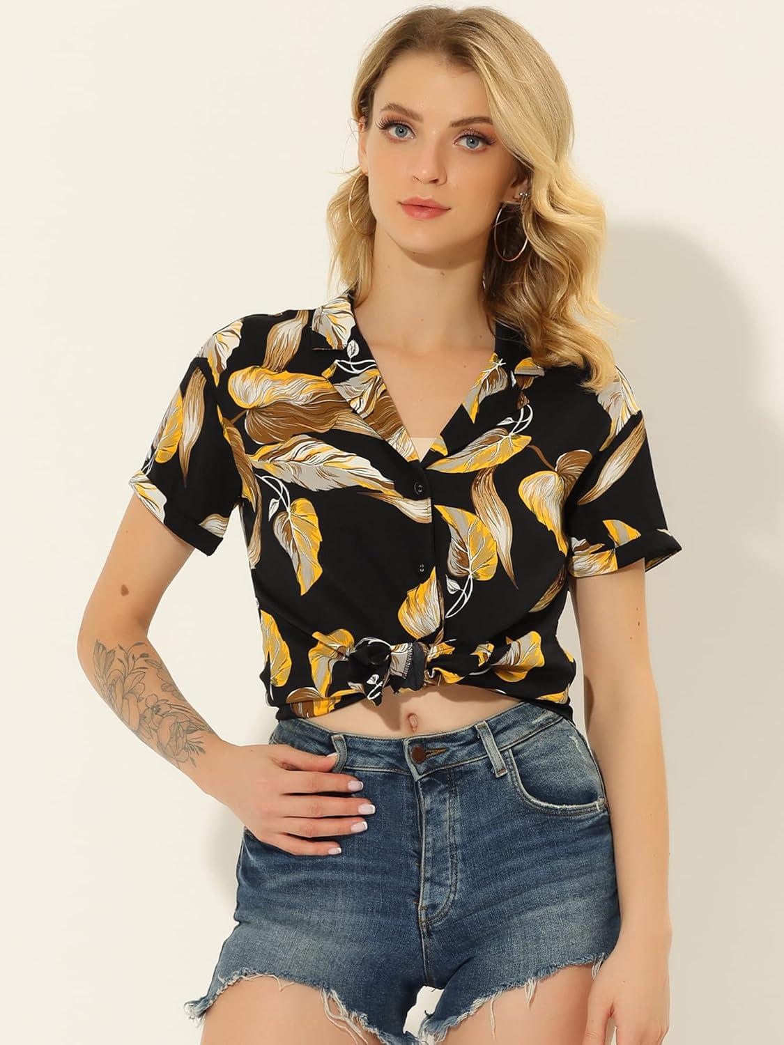 imageAllegra K Womens Hawaiian Shirts Floral Top Printed Short Sleeve Button Down Shirt Summer Tropical TopsBlack Brown