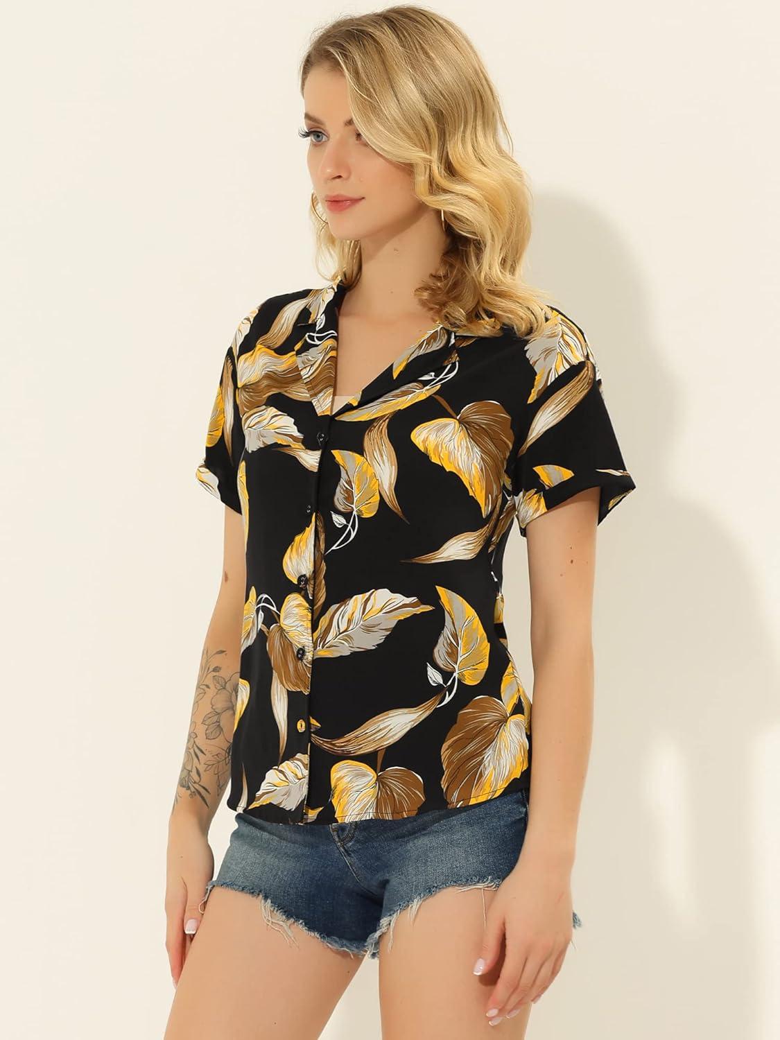 imageAllegra K Womens Hawaiian Shirts Floral Top Printed Short Sleeve Button Down Shirt Summer Tropical TopsBlack Brown