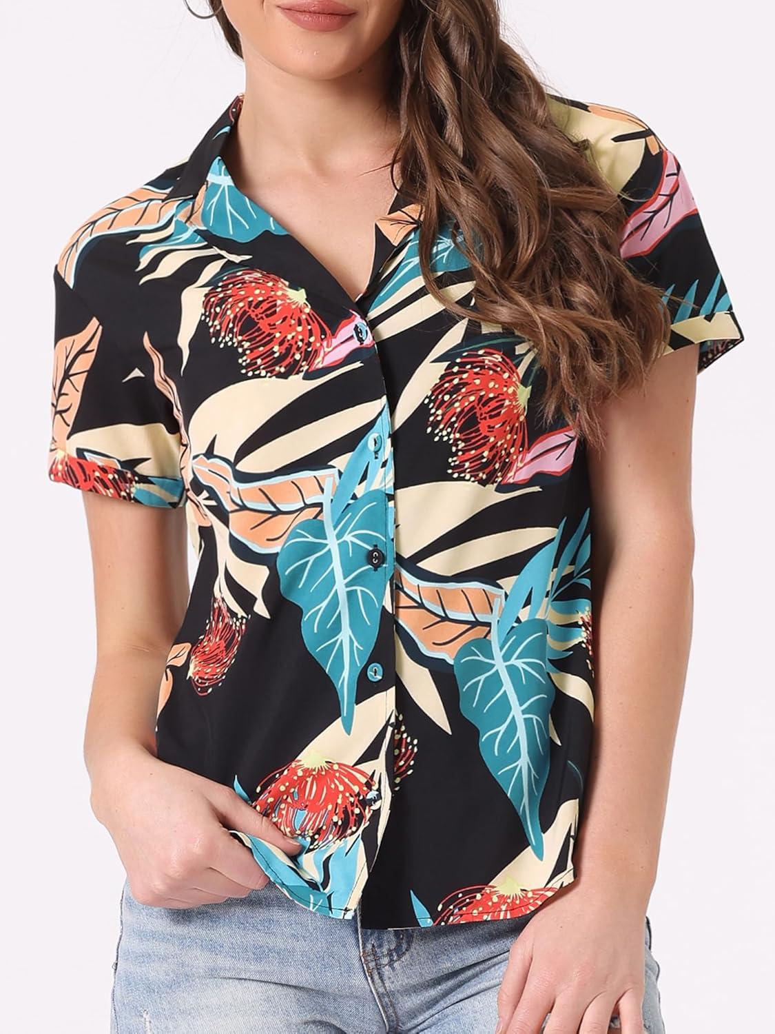 imageAllegra K Womens Hawaiian Shirts Floral Top Printed Short Sleeve Button Down Shirt Summer Tropical TopsBlacks