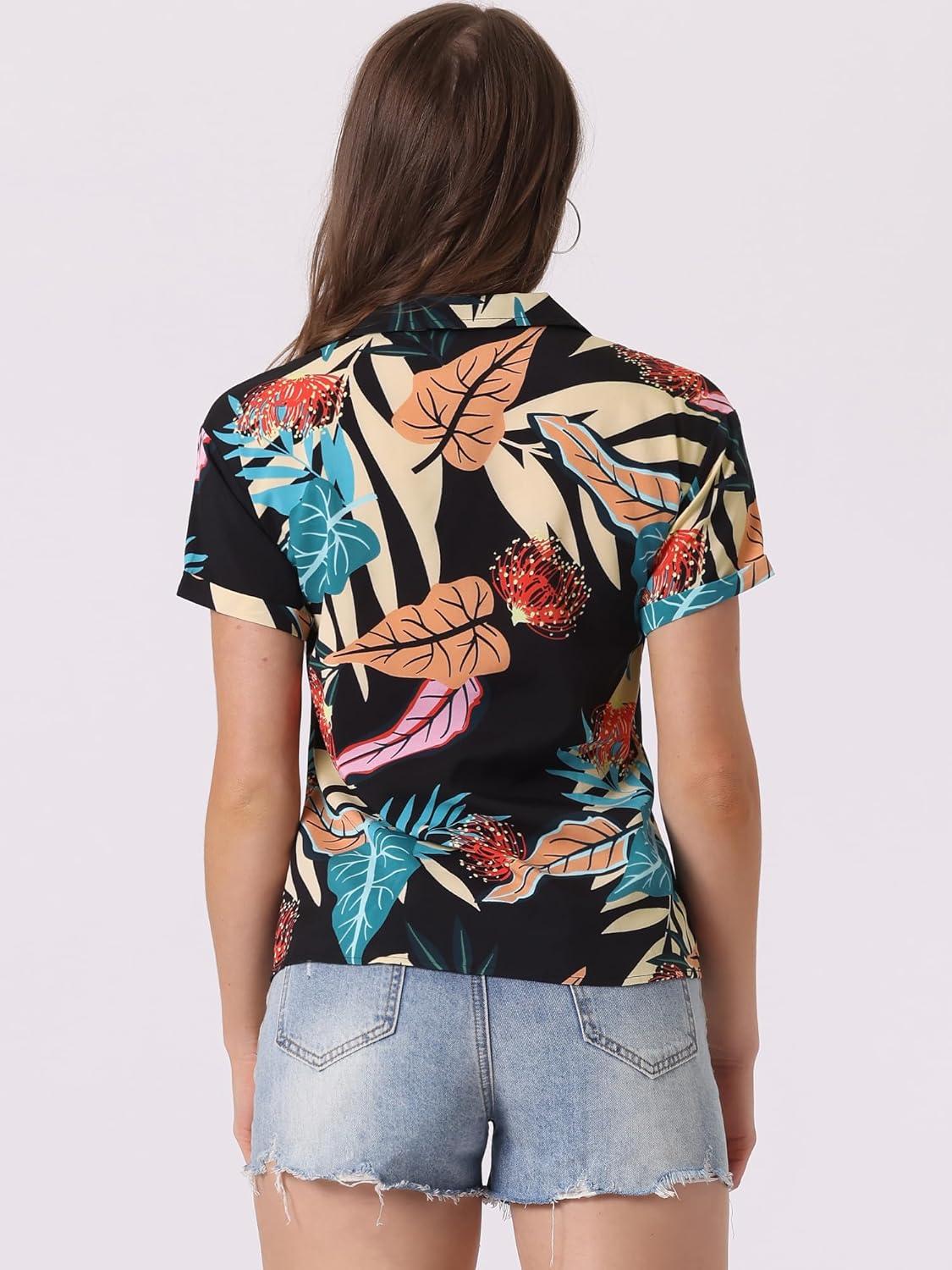 imageAllegra K Womens Hawaiian Shirts Floral Top Printed Short Sleeve Button Down Shirt Summer Tropical TopsBlacks