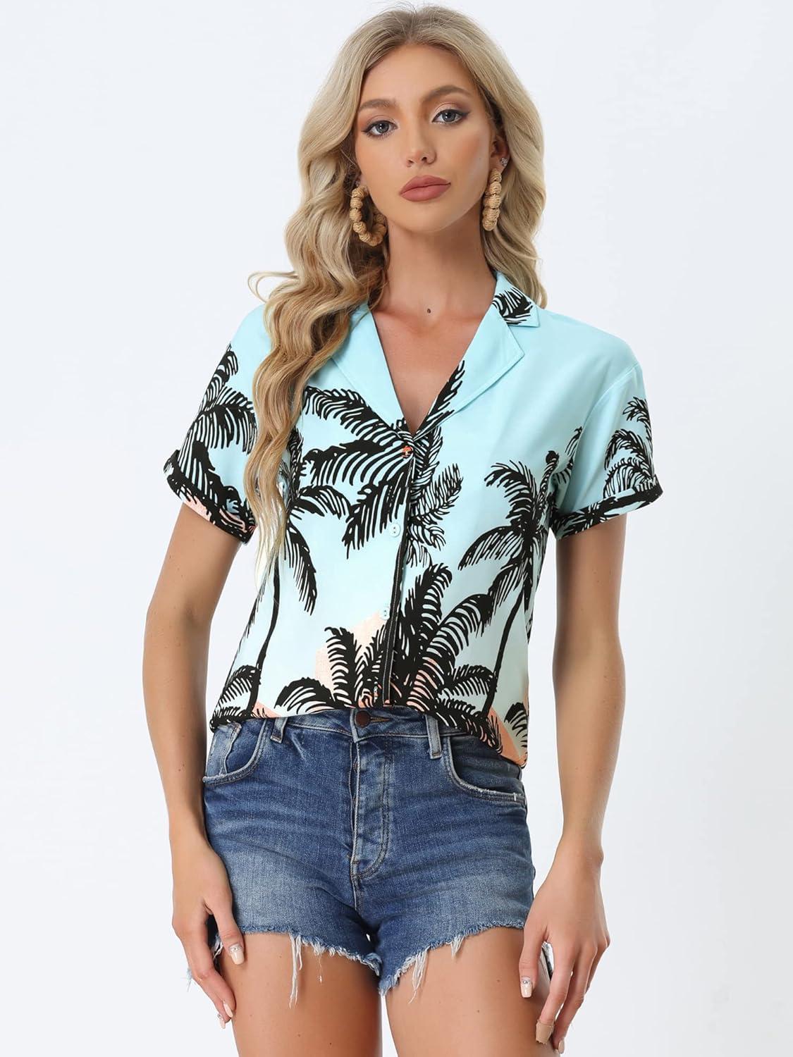 imageAllegra K Womens Hawaiian Shirts Floral Top Printed Short Sleeve Button Down Shirt Summer Tropical TopsBlue Coconut