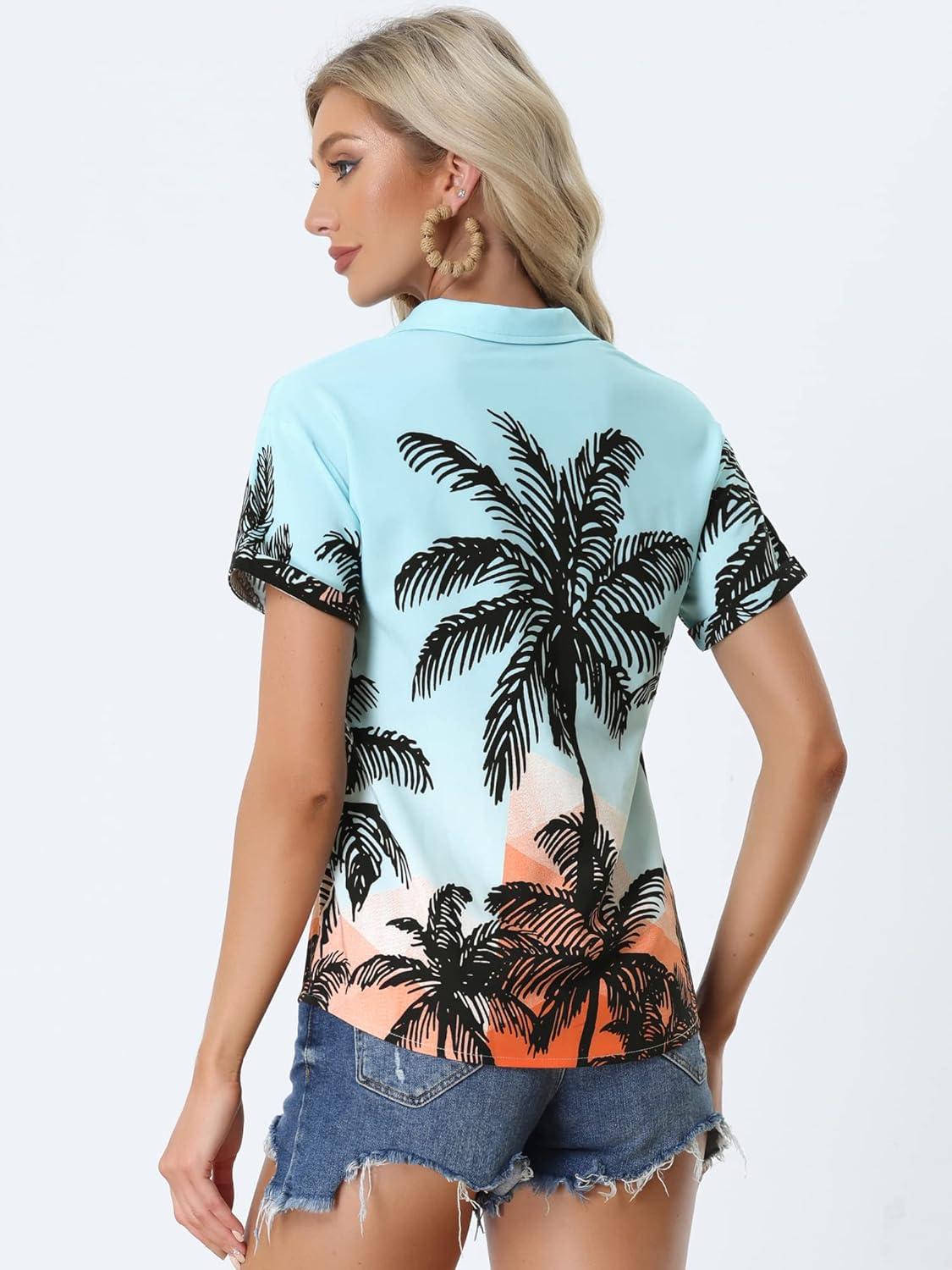 imageAllegra K Womens Hawaiian Shirts Floral Top Printed Short Sleeve Button Down Shirt Summer Tropical TopsBlue Coconut