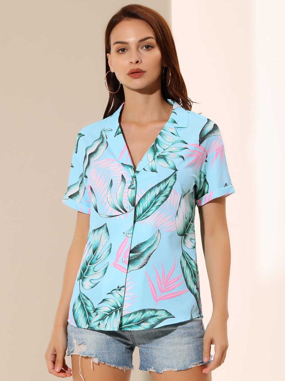 imageAllegra K Womens Hawaiian Shirts Floral Top Printed Short Sleeve Button Down Shirt Summer Tropical TopsBlue Pink