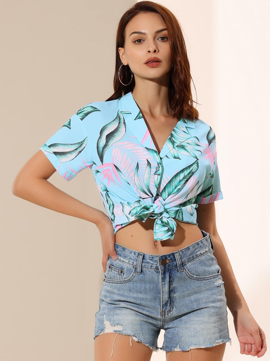imageAllegra K Womens Hawaiian Shirts Floral Top Printed Short Sleeve Button Down Shirt Summer Tropical TopsBlue Pink