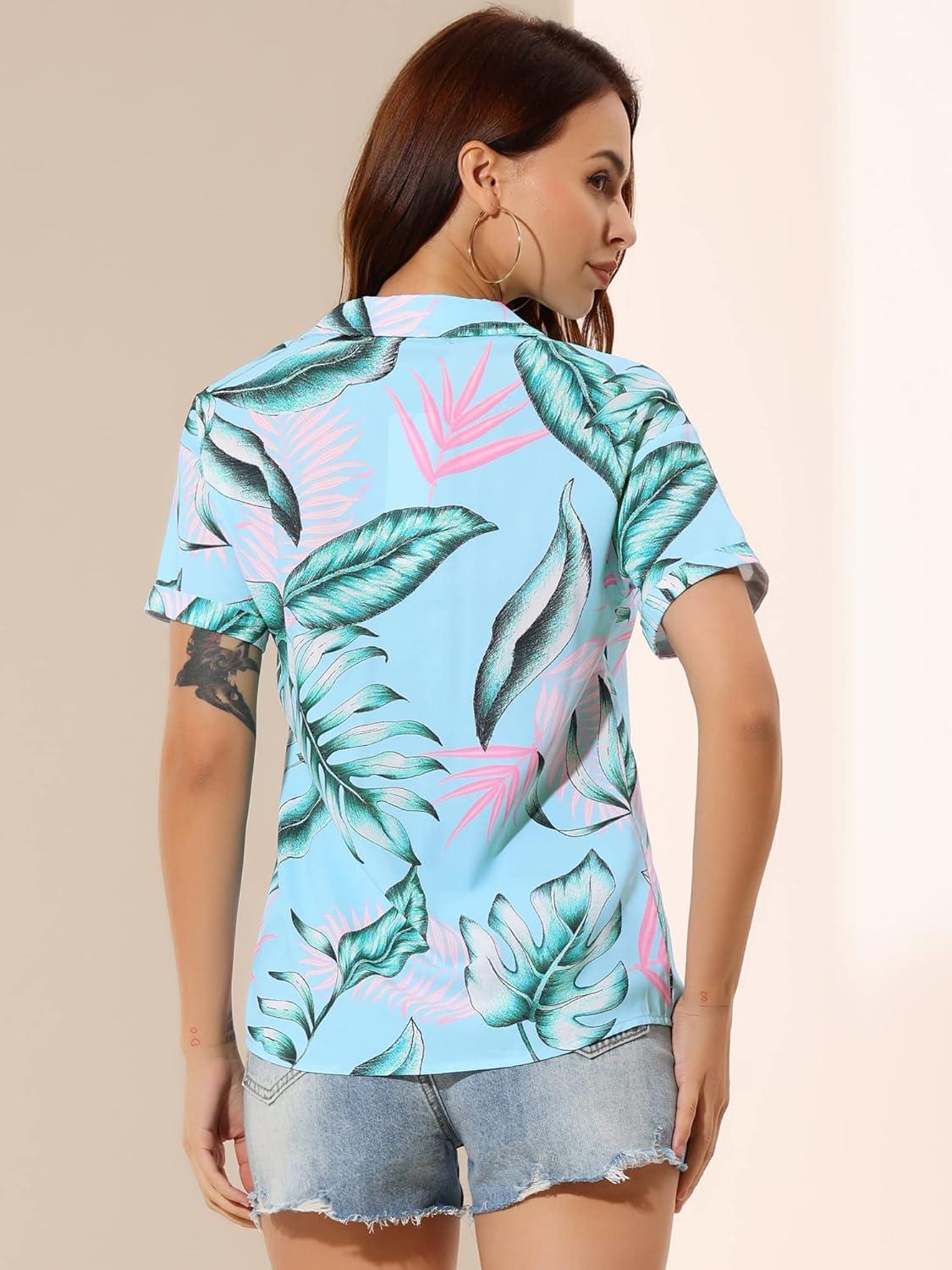 imageAllegra K Womens Hawaiian Shirts Floral Top Printed Short Sleeve Button Down Shirt Summer Tropical TopsBlue Pink