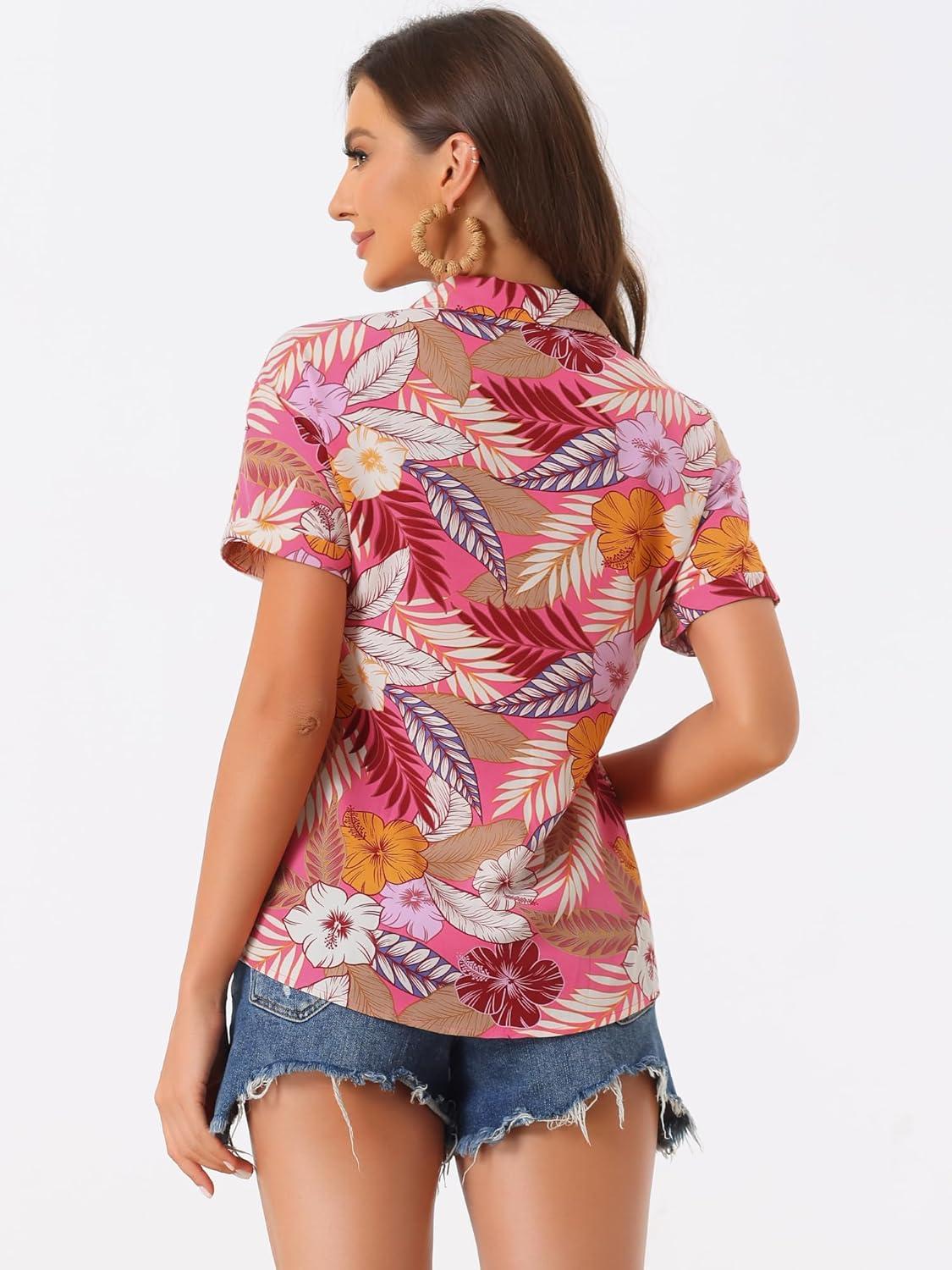 imageAllegra K Womens Hawaiian Shirts Floral Top Printed Short Sleeve Button Down Shirt Summer Tropical TopsBright Pink