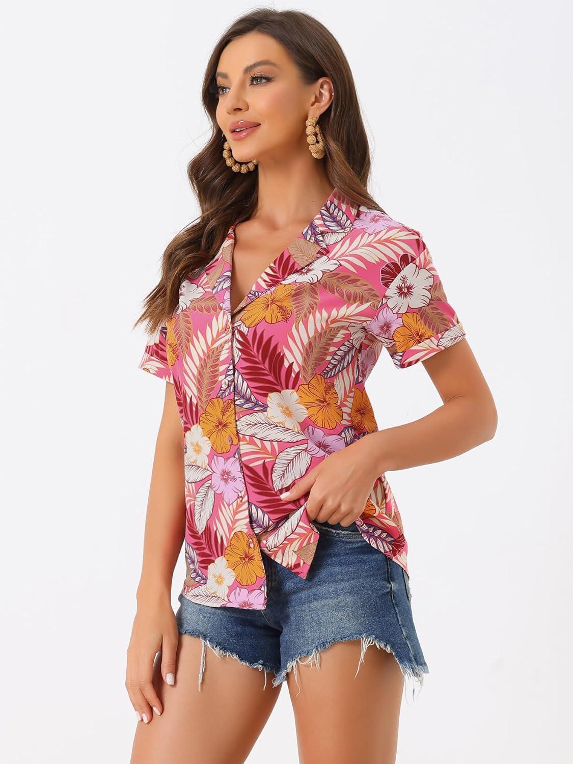 imageAllegra K Womens Hawaiian Shirts Floral Top Printed Short Sleeve Button Down Shirt Summer Tropical TopsBright Pink