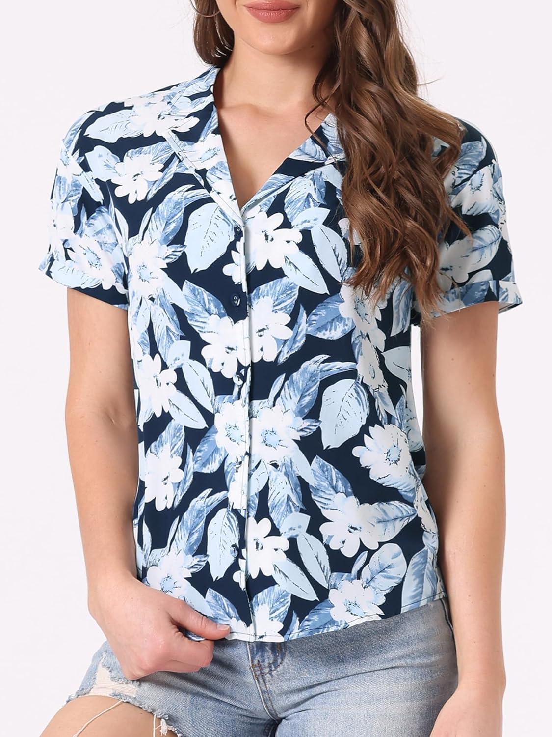 imageAllegra K Womens Hawaiian Shirts Floral Top Printed Short Sleeve Button Down Shirt Summer Tropical TopsDeep Blue