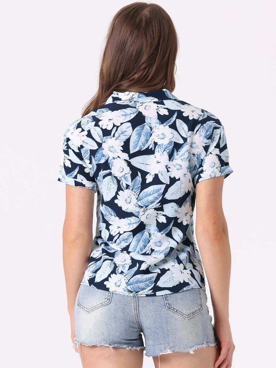 imageAllegra K Womens Hawaiian Shirts Floral Top Printed Short Sleeve Button Down Shirt Summer Tropical TopsDeep Blue