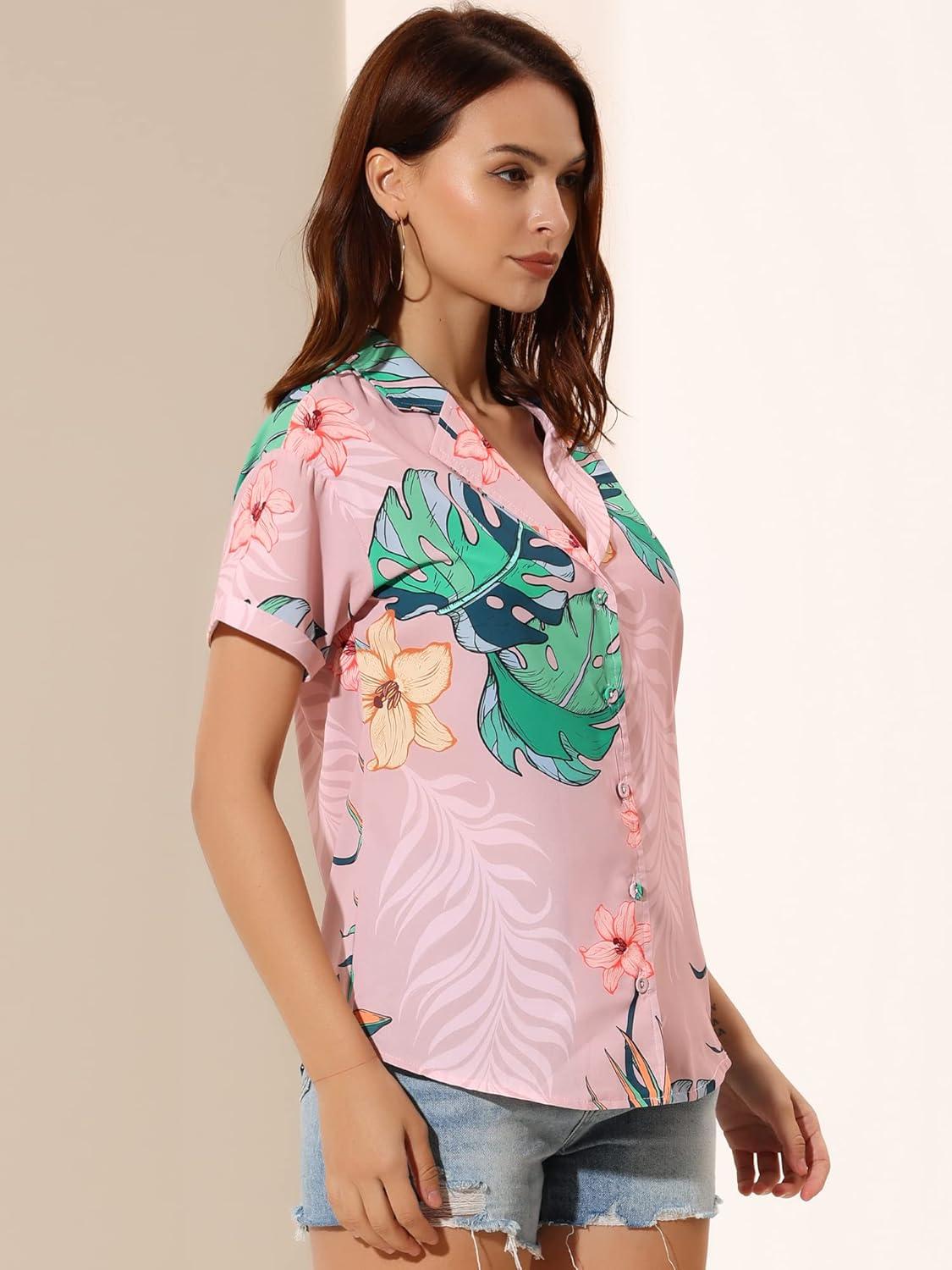 imageAllegra K Womens Hawaiian Shirts Floral Top Printed Short Sleeve Button Down Shirt Summer Tropical TopsDusty Pink