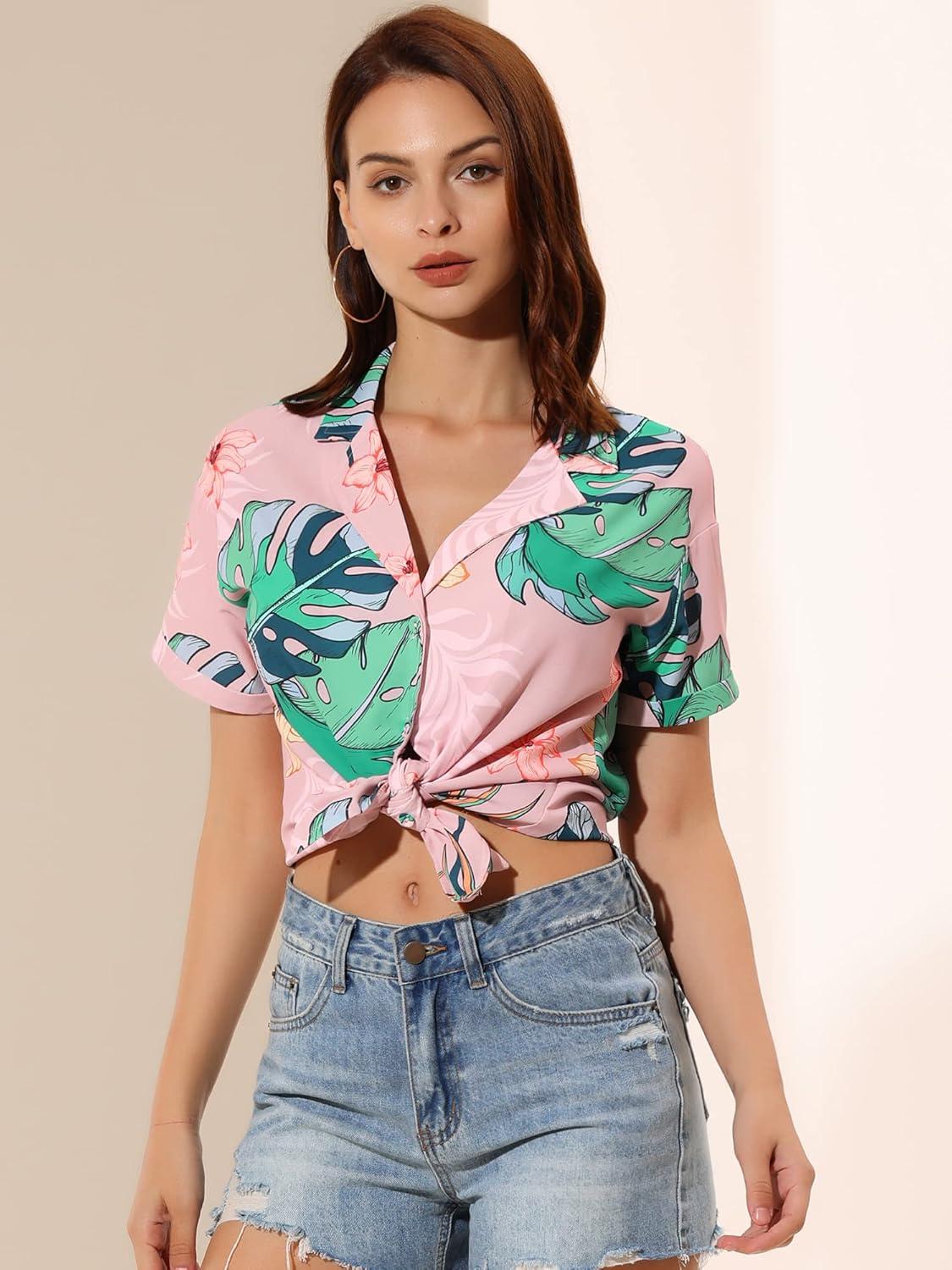 imageAllegra K Womens Hawaiian Shirts Floral Top Printed Short Sleeve Button Down Shirt Summer Tropical TopsDusty Pink