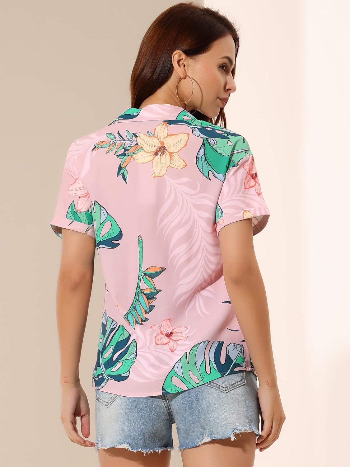 imageAllegra K Womens Hawaiian Shirts Floral Top Printed Short Sleeve Button Down Shirt Summer Tropical TopsDusty Pink