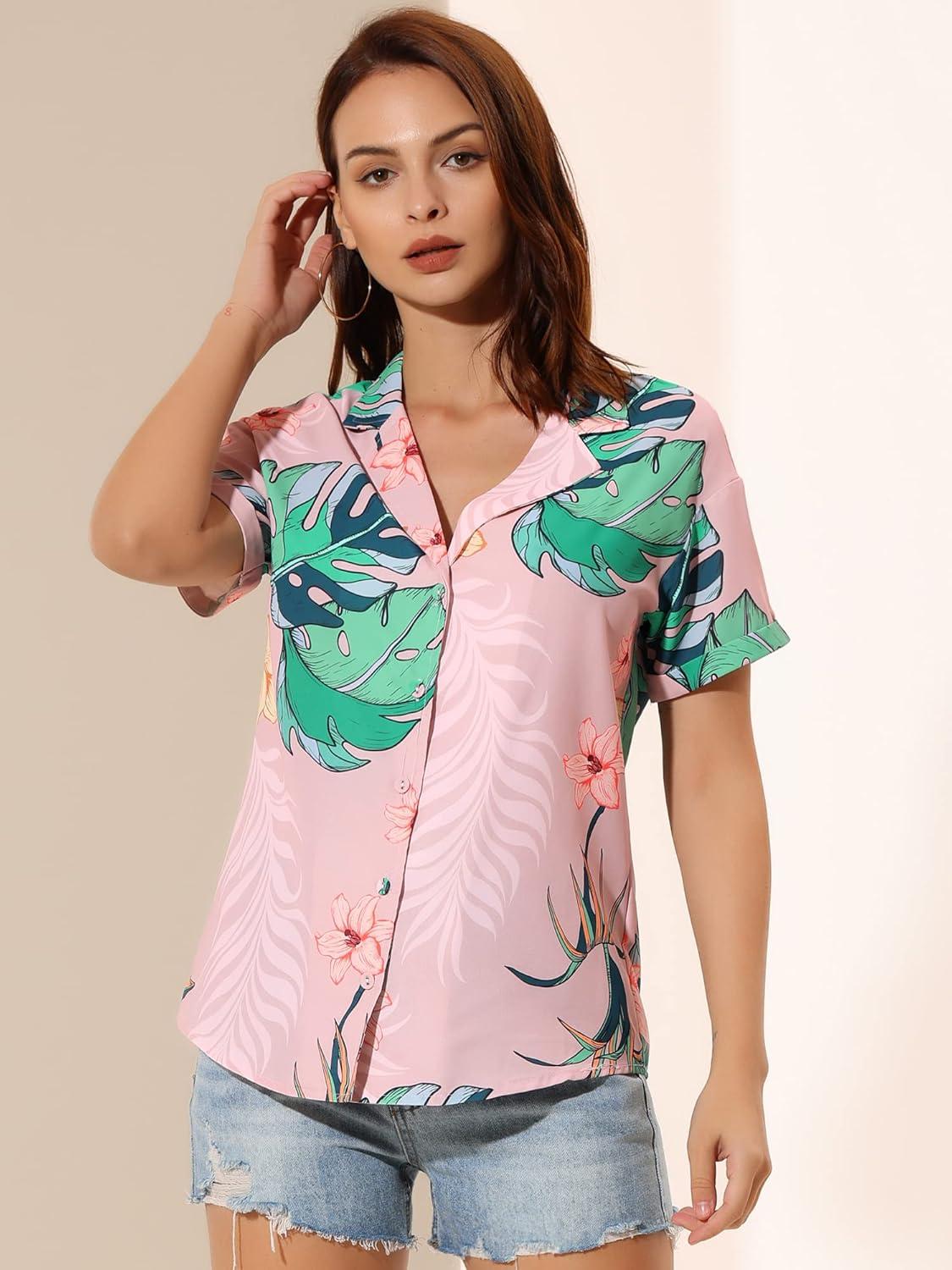 imageAllegra K Womens Hawaiian Shirts Floral Top Printed Short Sleeve Button Down Shirt Summer Tropical TopsDusty Pink