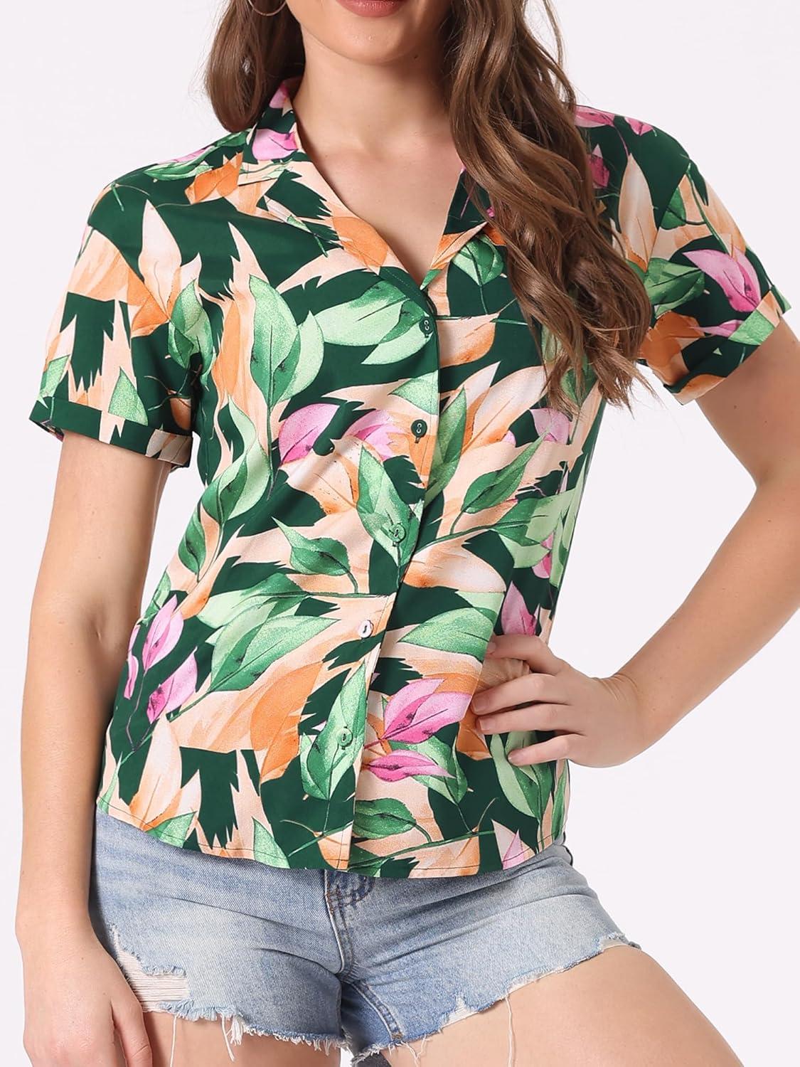 imageAllegra K Womens Hawaiian Shirts Floral Top Printed Short Sleeve Button Down Shirt Summer Tropical TopsGreen Leaf