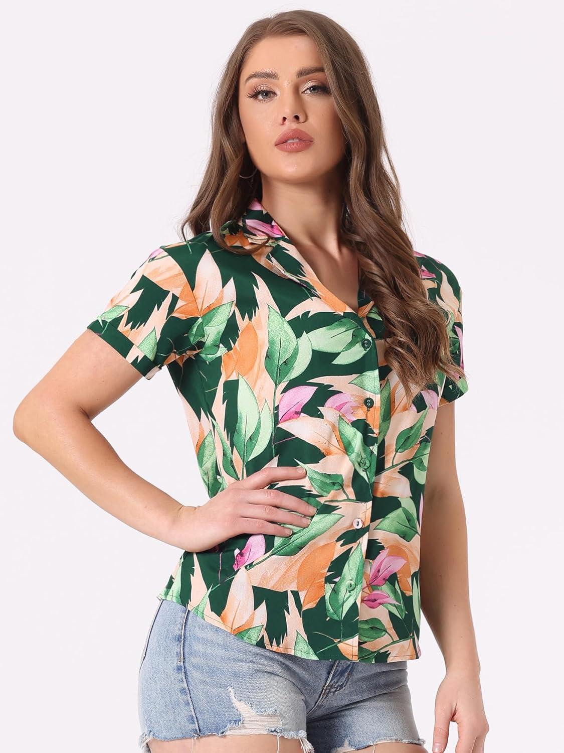 imageAllegra K Womens Hawaiian Shirts Floral Top Printed Short Sleeve Button Down Shirt Summer Tropical TopsGreen Leaf
