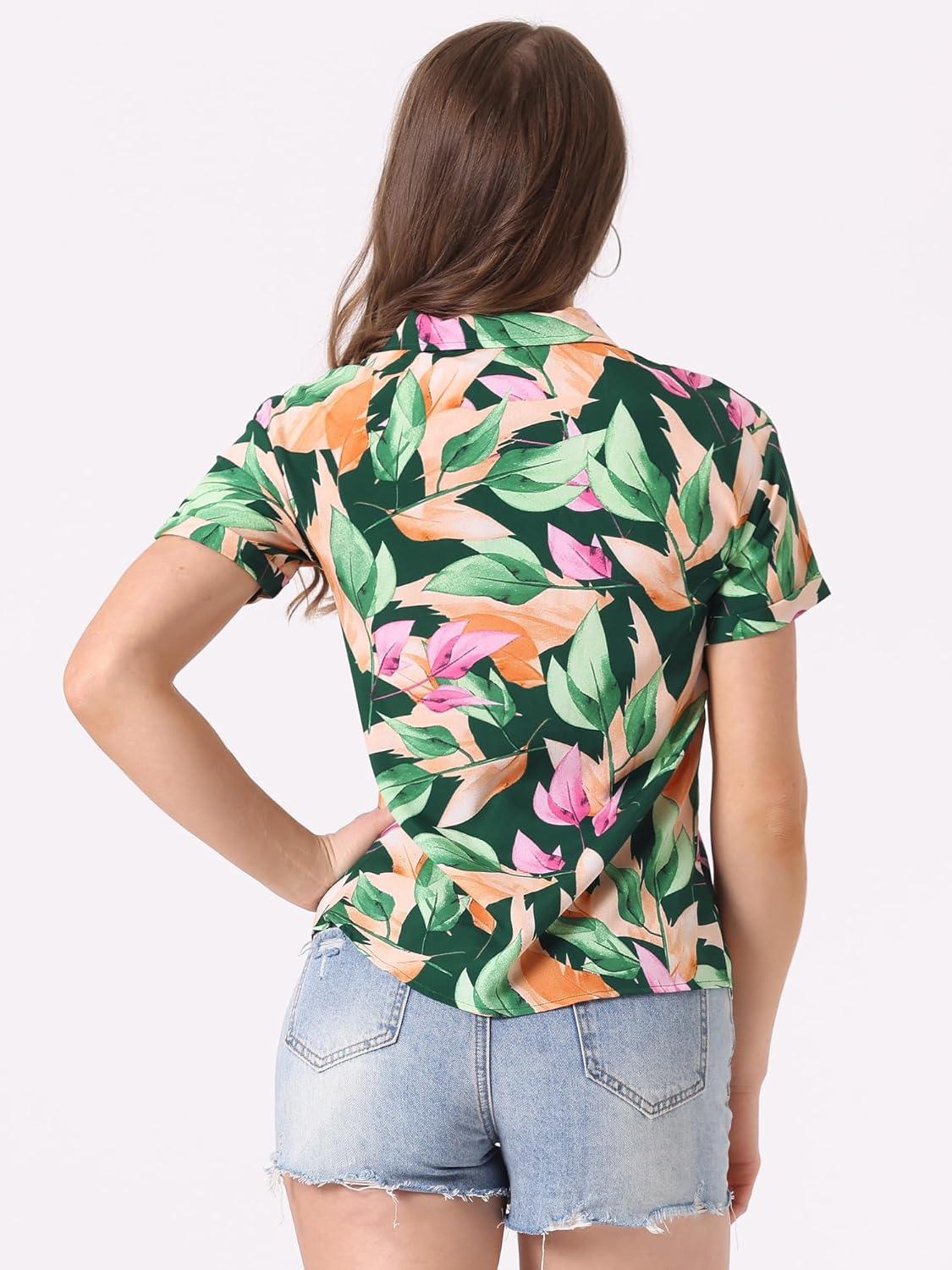 imageAllegra K Womens Hawaiian Shirts Floral Top Printed Short Sleeve Button Down Shirt Summer Tropical TopsGreen Leaf