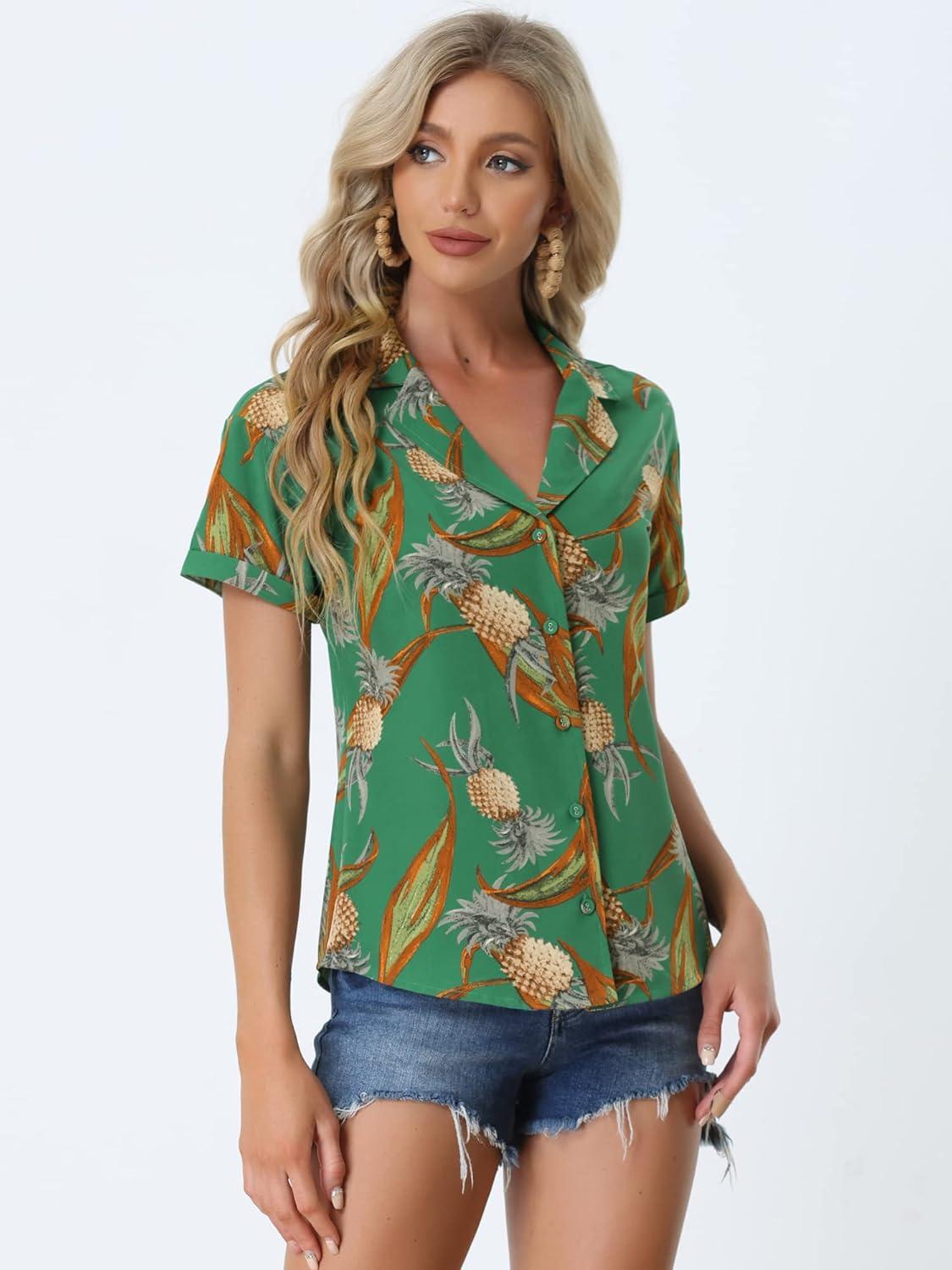 imageAllegra K Womens Hawaiian Shirts Floral Top Printed Short Sleeve Button Down Shirt Summer Tropical TopsGreen Pineapple