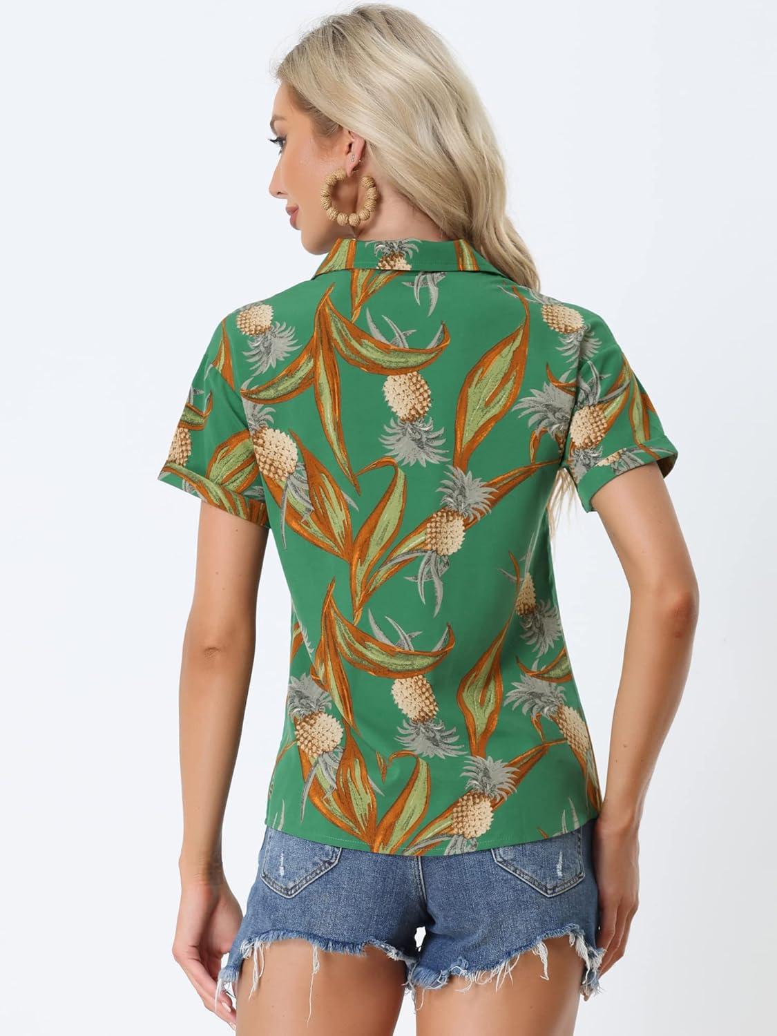 imageAllegra K Womens Hawaiian Shirts Floral Top Printed Short Sleeve Button Down Shirt Summer Tropical TopsGreen Pineapple