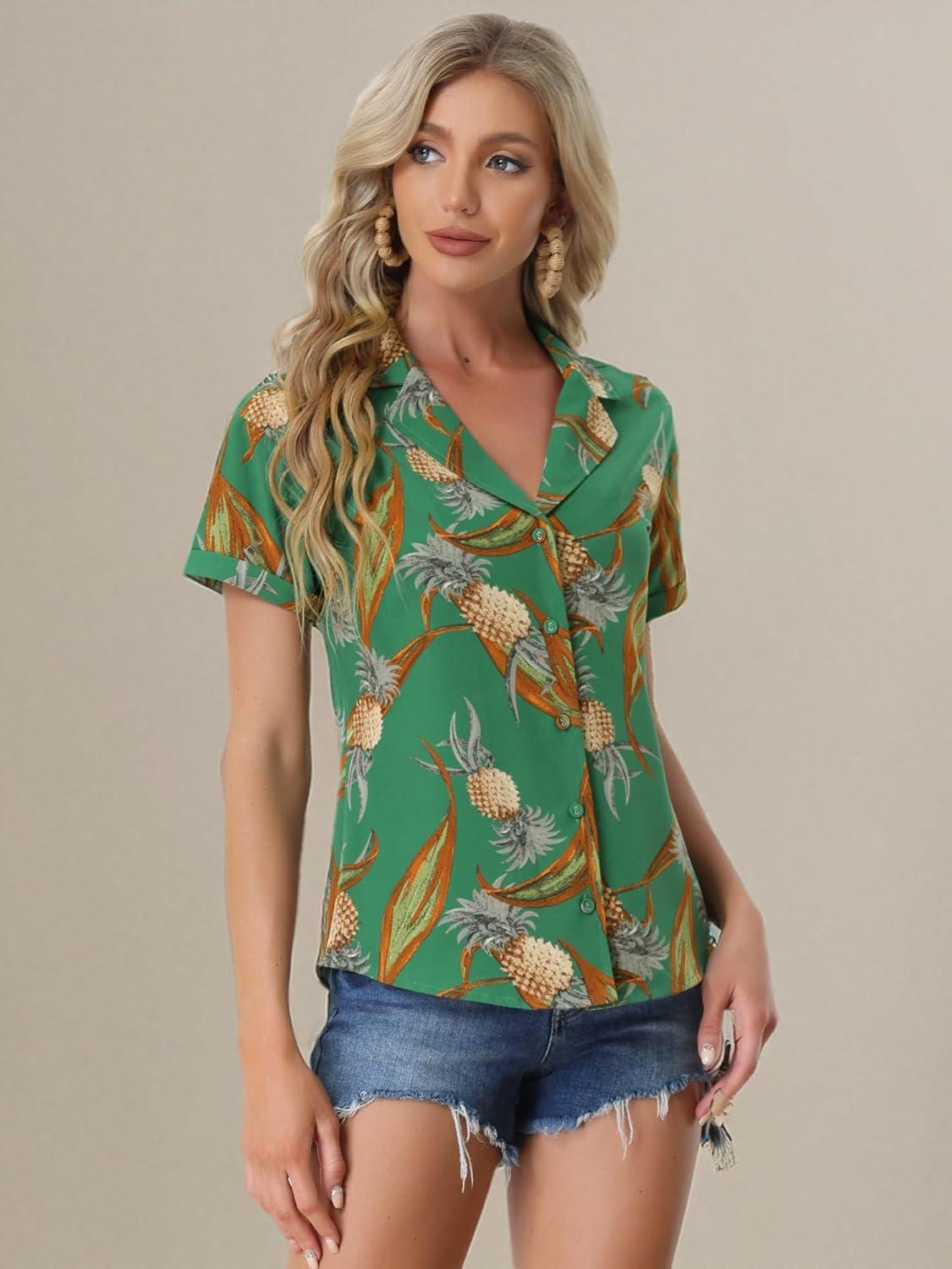 imageAllegra K Womens Hawaiian Shirts Floral Top Printed Short Sleeve Button Down Shirt Summer Tropical TopsGreen Pineapple