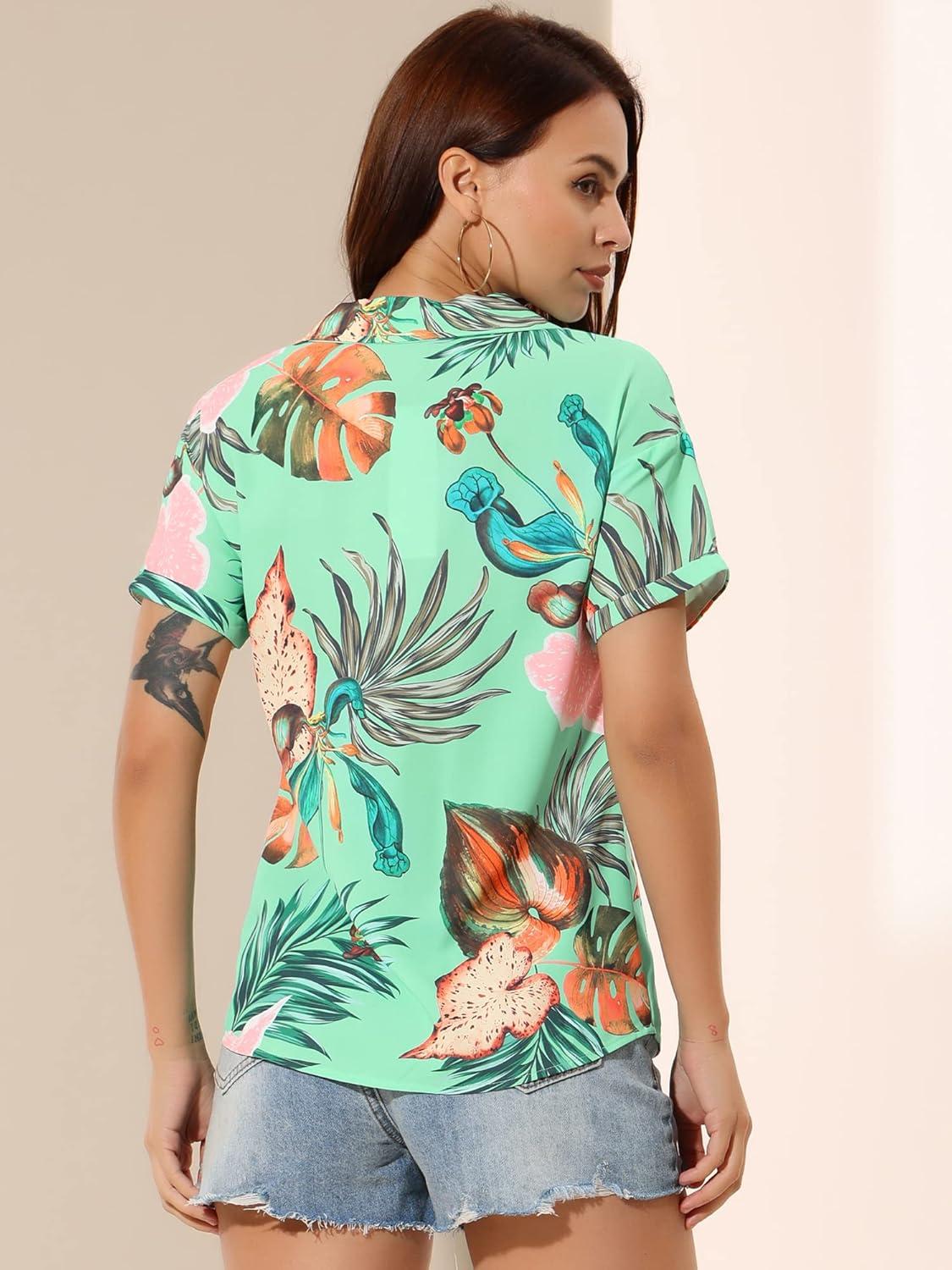 imageAllegra K Womens Hawaiian Shirts Floral Top Printed Short Sleeve Button Down Shirt Summer Tropical TopsGreen a
