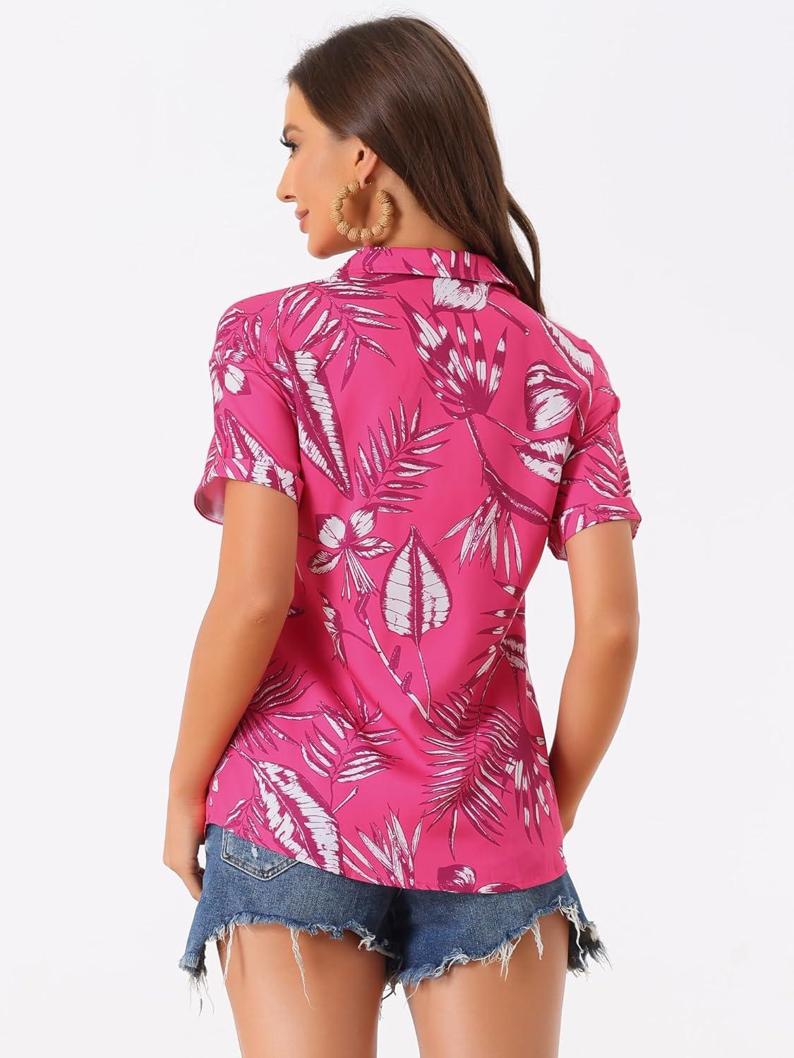 imageAllegra K Womens Hawaiian Shirts Floral Top Printed Short Sleeve Button Down Shirt Summer Tropical TopsHot Pink