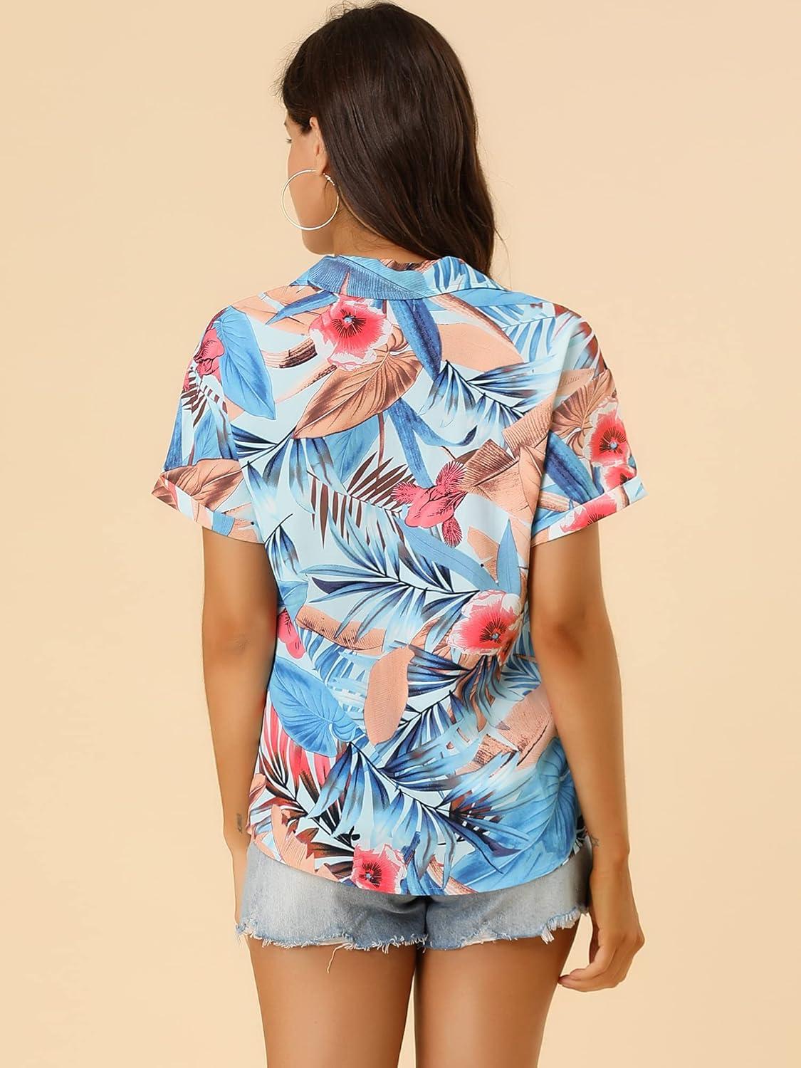 imageAllegra K Womens Hawaiian Shirts Floral Top Printed Short Sleeve Button Down Shirt Summer Tropical TopsLight Blue