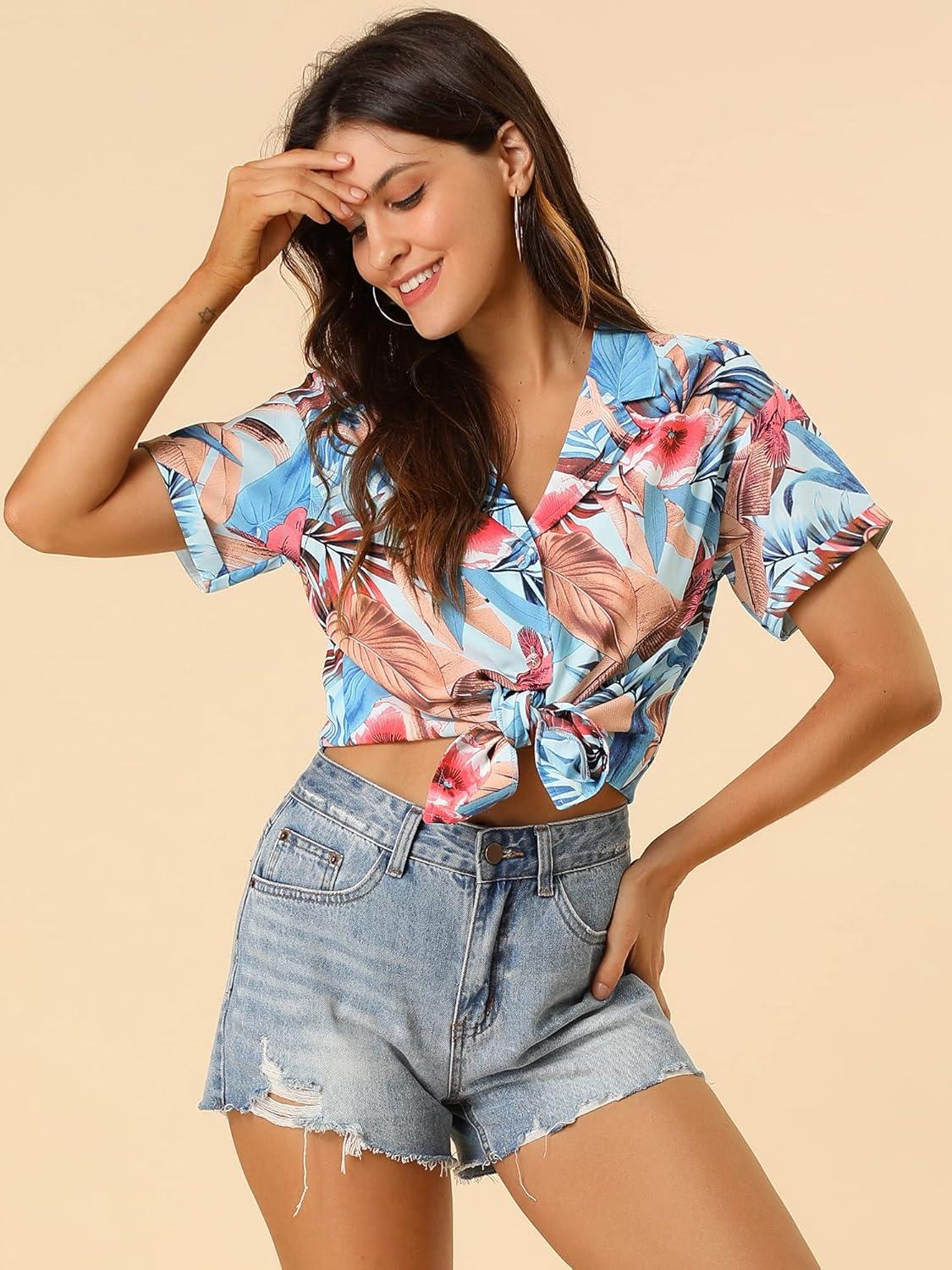 imageAllegra K Womens Hawaiian Shirts Floral Top Printed Short Sleeve Button Down Shirt Summer Tropical TopsLight Blue