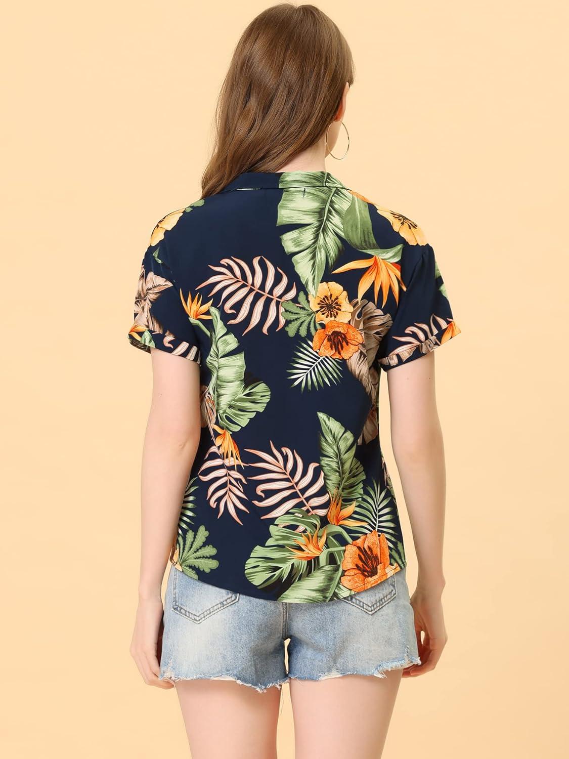 imageAllegra K Womens Hawaiian Shirts Floral Top Printed Short Sleeve Button Down Shirt Summer Tropical TopsNavy Blue
