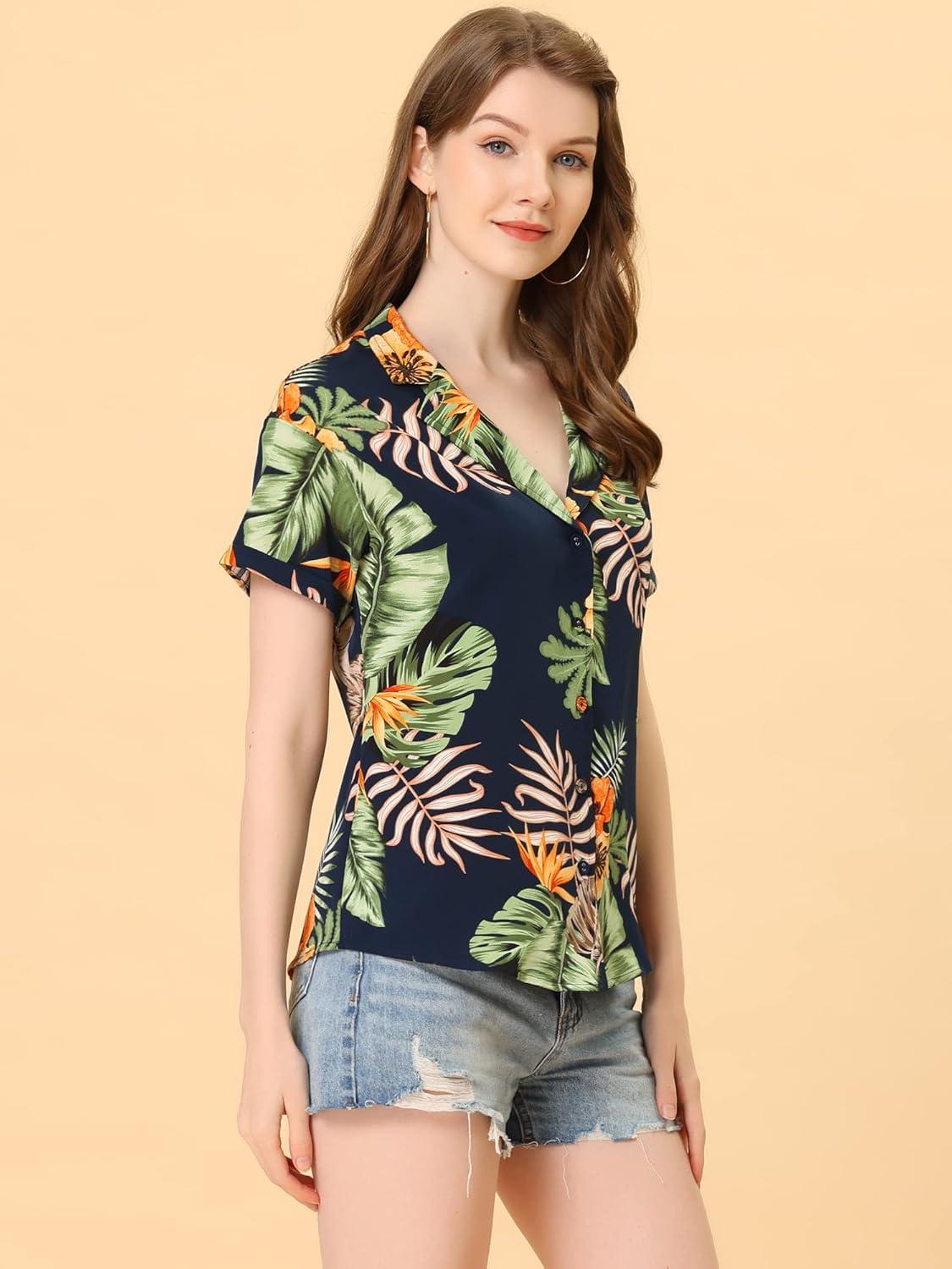 imageAllegra K Womens Hawaiian Shirts Floral Top Printed Short Sleeve Button Down Shirt Summer Tropical TopsNavy Blue