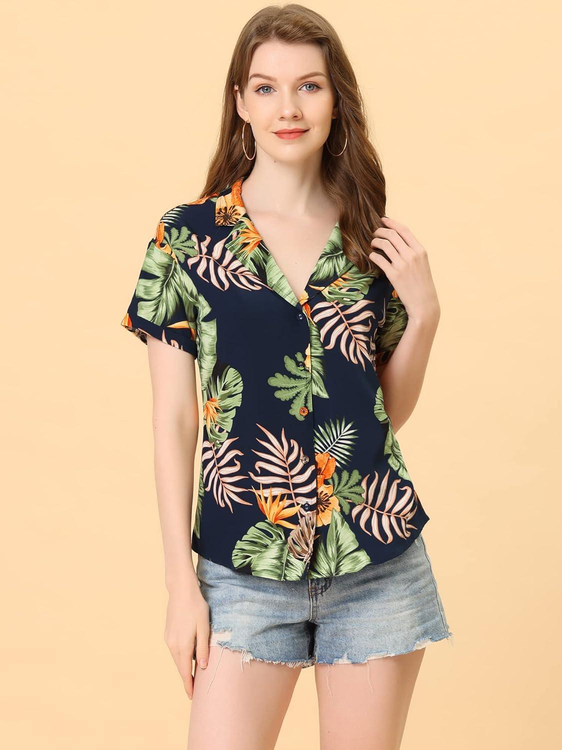 imageAllegra K Womens Hawaiian Shirts Floral Top Printed Short Sleeve Button Down Shirt Summer Tropical TopsNavy Blue