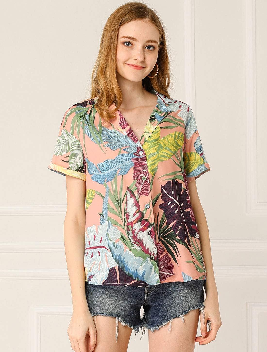 imageAllegra K Womens Hawaiian Shirts Floral Top Printed Short Sleeve Button Down Shirt Summer Tropical TopsPink
