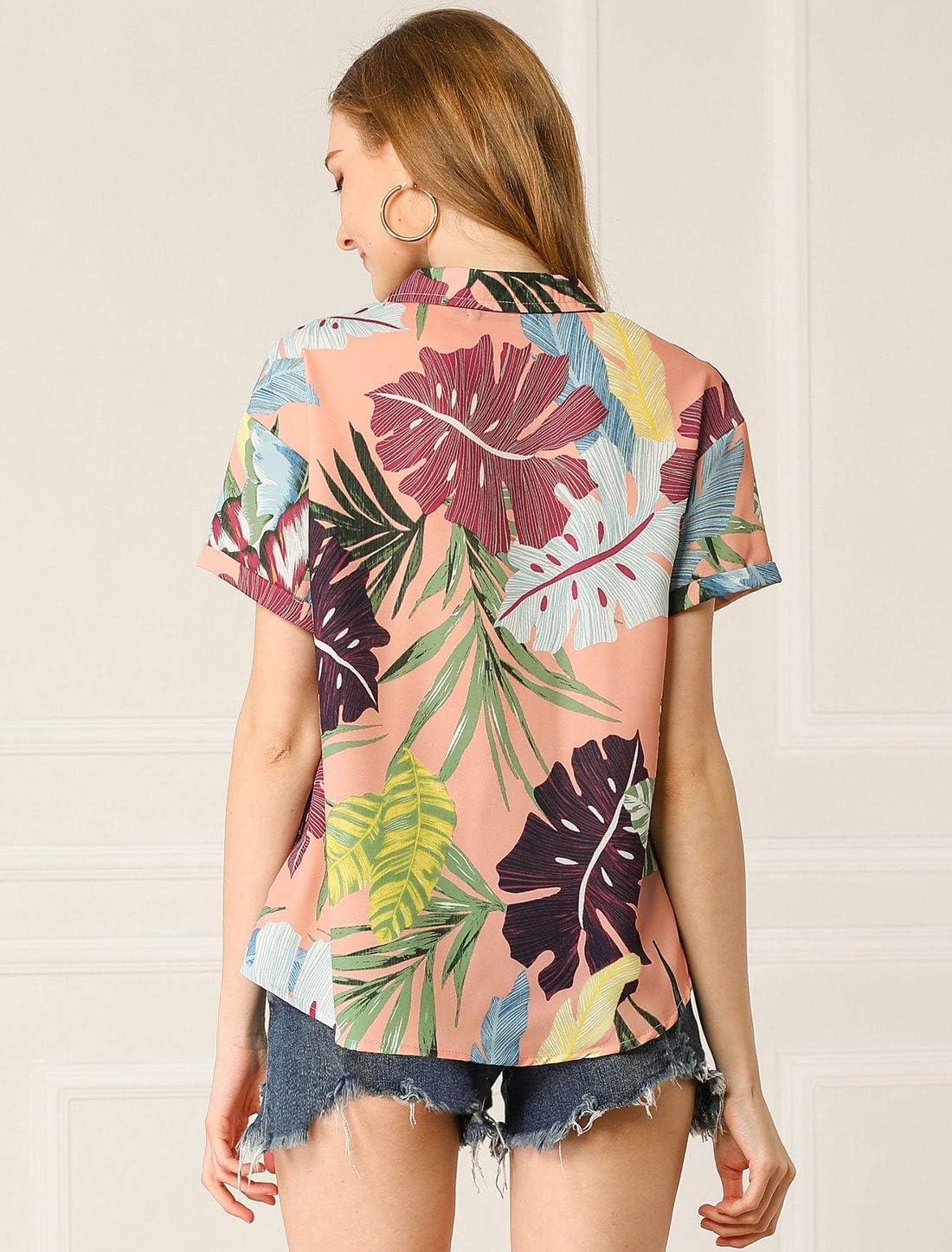 imageAllegra K Womens Hawaiian Shirts Floral Top Printed Short Sleeve Button Down Shirt Summer Tropical TopsPink