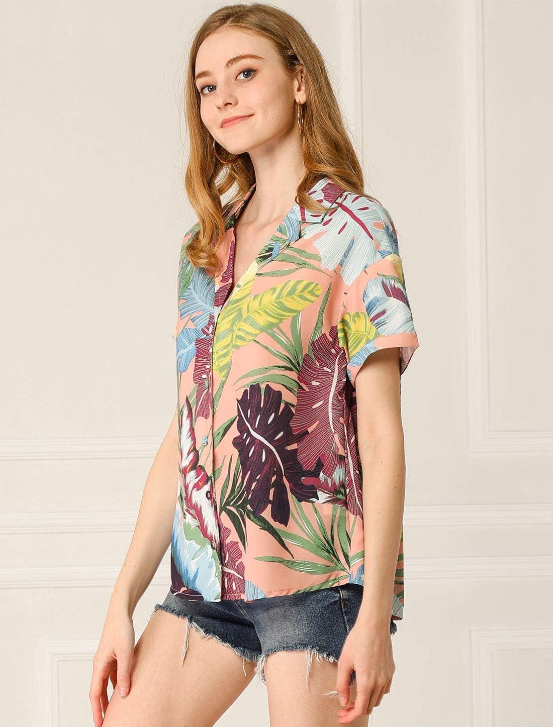 imageAllegra K Womens Hawaiian Shirts Floral Top Printed Short Sleeve Button Down Shirt Summer Tropical TopsPink